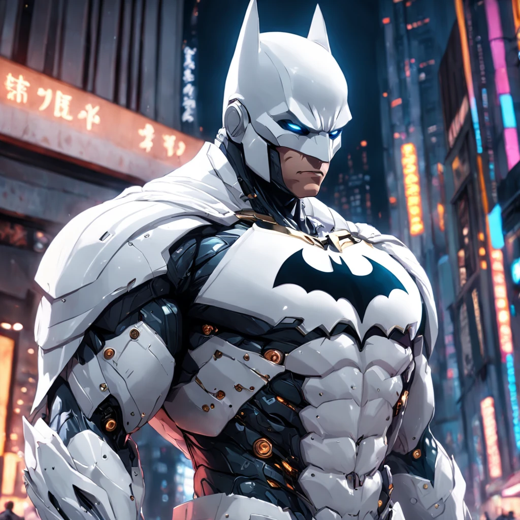 A realistic white batman in an advanced cyber suit