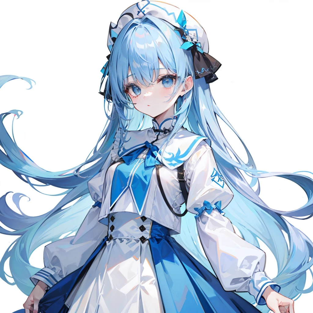 Long transparent light sky blue hair，Wears a soft, loose and milky blue、Jk uniform and pleated skirt in white，The waist is slender，The chest is relatively small，There is a bit of a milk murderer，This cute cute girl