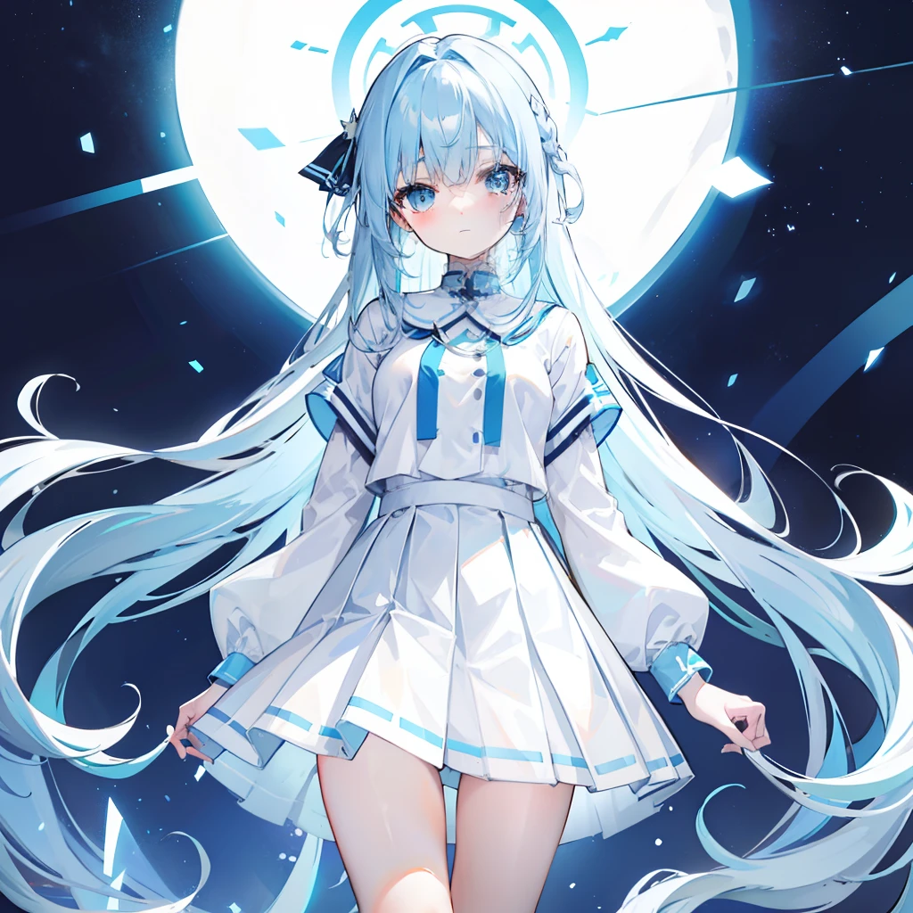 Long transparent light sky blue hair,Wears a soft, loose and milky blue、Jk uniform and pleated skirt in white,The waist is slender,The chest is relatively small,There is a bit of a milk murderer,This cute cute girl
