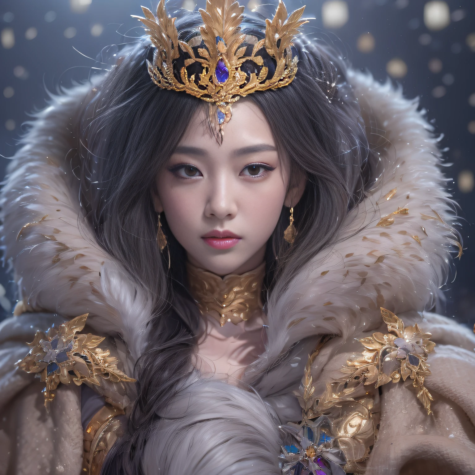 32K(tmasterpiece,k hd,hyper HD,32K)short detailed hair,Gold jewelry area in the back room,Flame Girl ,Yao Lang protector (realisticlying:1.4),Python pattern robe,Purple-pink tiara,Snowflakes fluttering,The background is pure,Hold your head high,Be proud,The nostrils look at people, A high resolution, the detail, RAW photogr, Sharp Re, Nikon D850 Film Stock Photo by Jefferies Lee 4 Kodak Portra 400 Camera F1.6 shots, Rich colors, ultra-realistic vivid textures, Dramatic lighting, Unreal Engine Art Station Trend, cinestir 800,Hold your head high,Be proud,The nostrils look at people
