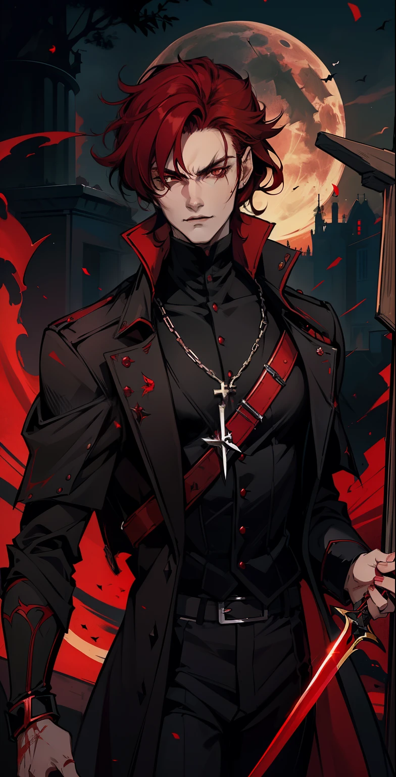 A vampire with red eyes and a black coat，Kizi，Short shoulder-length red hair，Refined face，k hd，Realiy，The great sword in my hand was slashing at me，Broken crosses were scattered around him，Under a blood-red full moon，Pitch black forest