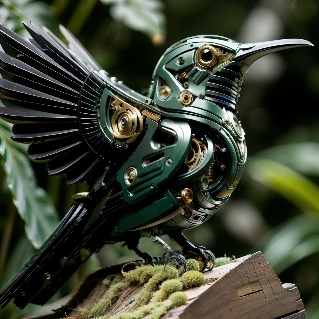 ((masterpiece)), ((best quality)), 8k, high detailed, ultra-detailed, A (black:1.3) mechanical bird, jungle