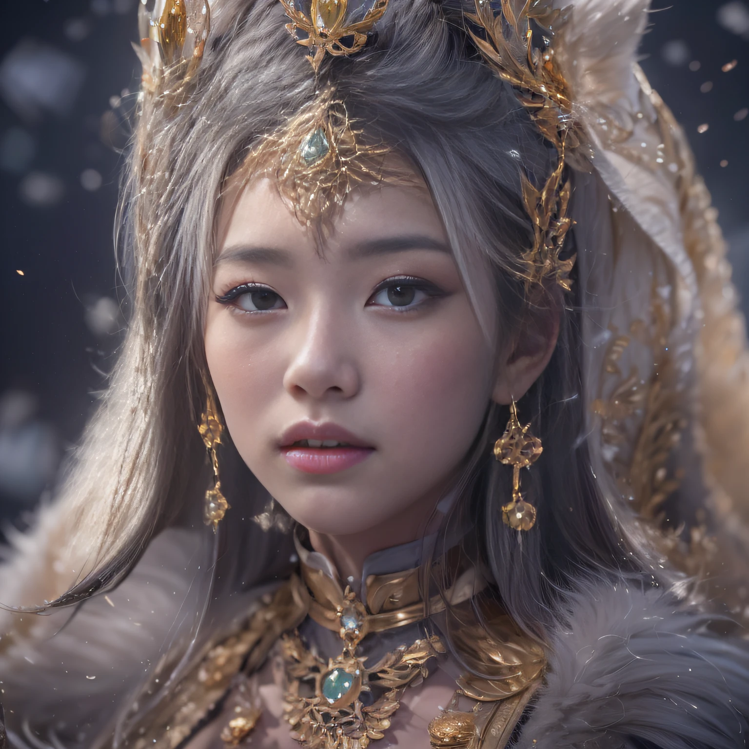 32K(tmasterpiece,k hd,hyper HD,32K)short detailed hair,Gold jewelry area in the back room,Flame Girl ,Yao Lang protector (realisticlying:1.4),Python pattern robe,Purple-pink tiara,Snowflakes fluttering,The background is pure,Hold your head high,Be proud,The nostrils look at people, A high resolution, the detail, RAW photogr, Sharp Re, Nikon D850 Film Stock Photo by Jefferies Lee 4 Kodak Portra 400 Camera F1.6 shots, Rich colors, ultra-realistic vivid textures, Dramatic lighting, Unreal Engine Art Station Trend, cinestir 800,Hold your head high,Be proud,The nostrils look at people