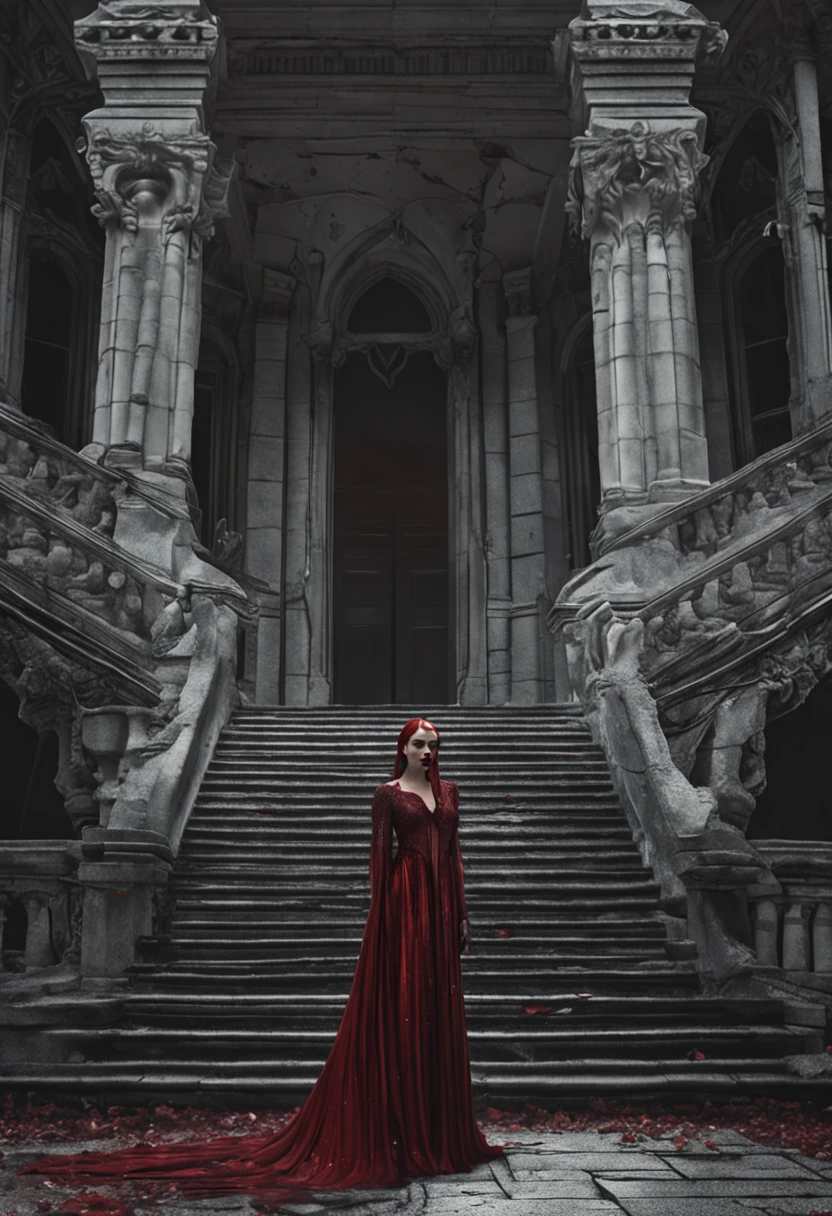 A delicate and beautiful picture of a female vampire standing on the porch of a castle under the stars, Dynamic Angle (Ultra detailed, Masterpiece, Best quality), hyperdetailed face (Ultra detailed, Masterpiece, Best quality), Hyper-feminine, gray colored skin, Red hair, (A charming smile:1.5)，(2 huge blood-sucking teeth exposed in the mouth:1.5)，dark red lips， (A mouth full of blood:1.5)，Dynamic eye color, The eyes glow red and glowing, wears a white dress (Ultra detailed, Masterpiece, Best quality), long black cape (Ultra detailed, Masterpiece, Best quality), high heels boots, star filled sky background, Moon, Bats fly around, High details, Best quality, 8K, [Ultra detailed], Masterpiece, Best quality, (Ultra detailed), cowboy lens, Photorealism, dark fantasy art