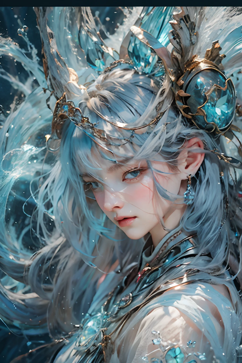 (Game ace:1.5,rotary symmetrical),Stephen Gammel,(cowboy lens),Minimalist composition,swell sea,Female magician,Delicate crystal headdress,Exquisite crystal armor,Electroluminescence,Dreamy glow,Conceptual digital art,Sky blue gray,(The is very detailed,Reasonable design,Clear lines,High clarity,The best quality,tmasterpiece,4K)