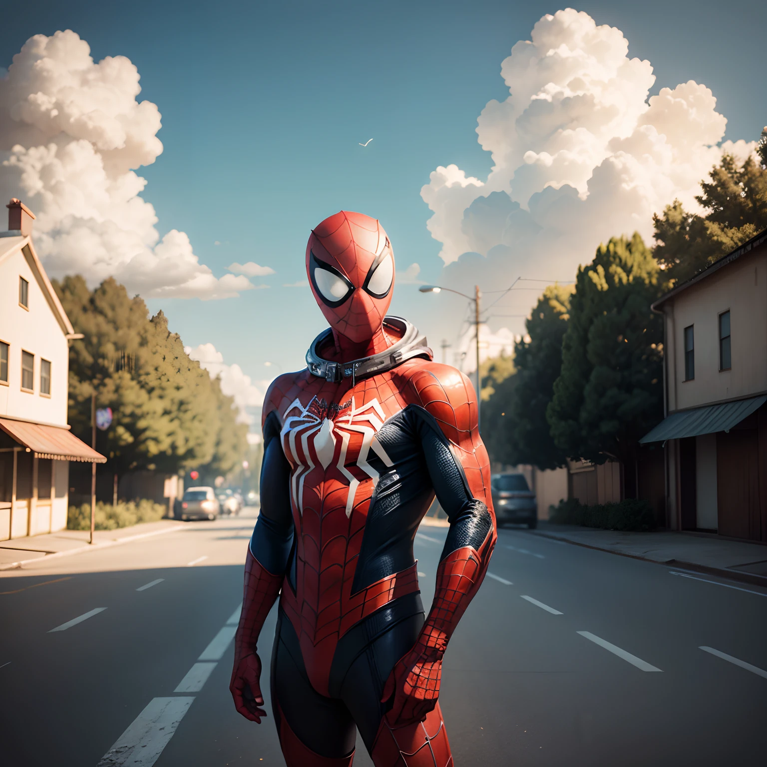 Spiderman wearing orange astronaut suit without helmet standing next to a road looks at a red flower on the deserted road. The day is sunny, imagem hiperrealista, astronauta bem definidos, Accessories, corpo, headpe, Hands, e detalhes bem definidos, in the background a blue sky with white clouds in 3D, tudo em 8k, High quality image resolution, Hyperrealism in fiction illustration, matte painting digital