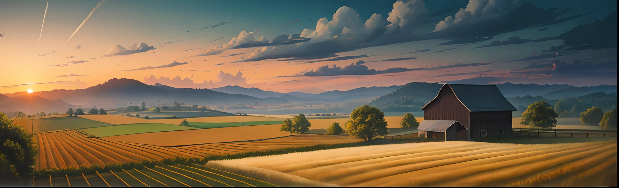 Farm scene painting with barn and sunset, Detailed painting 4 K, Beautiful art UHD 4 K, National landscape, Detailed scenery —width 672, 4k highly detailed digital art, landscape artwork, 4k hd matte digital painting, lindo cenario, anime countryside landscape, landscape 4k, Landscape wallpaper, 4 k digital painting