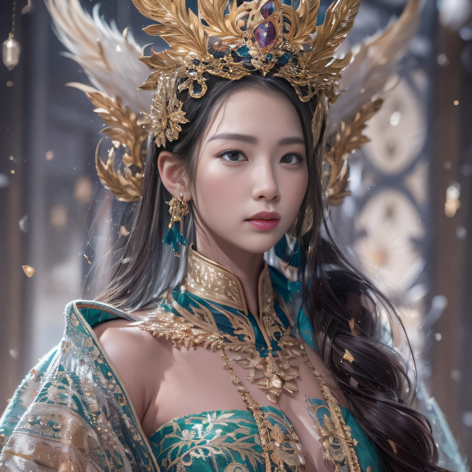 32K(tmasterpiece,k hd,hyper HD,32K)short detailed hair,Gold jewelry area in the back room,Flame Girl ,Yao Lang protector (realisticlying:1.4),Python pattern robe,Purple-pink tiara,Snowflakes fluttering,The background is pure,Hold your head high,Be proud,The nostrils look at people, A high resolution, the detail, RAW photogr, Sharp Re, Nikon D850 Film Stock Photo by Jefferies Lee 4 Kodak Portra 400 Camera F1.6 shots, Rich colors, ultra-realistic vivid textures, Dramatic lighting, Unreal Engine Art Station Trend, cinestir 800,Hold your head high,Be proud,The nostrils look at people