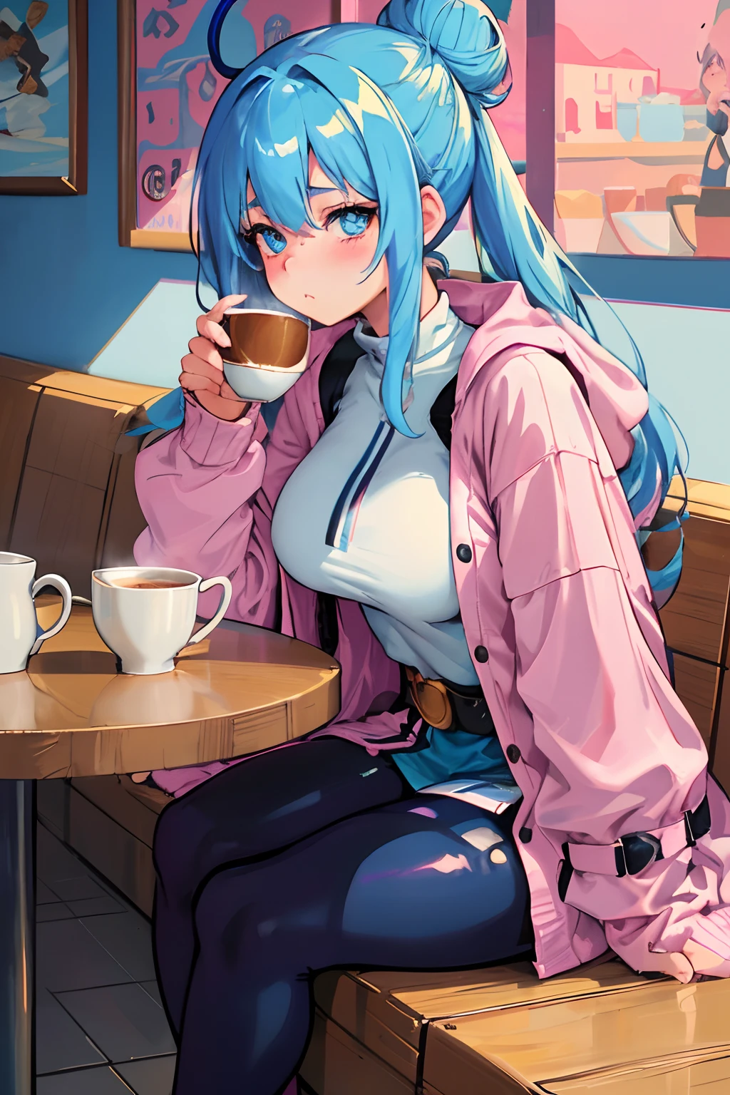 Original Character, Best Lighting, Best Shadows, a r woman, with a cold face and blue eyes, long blue hair in a bun, closed mouth, medium breasts, her cheeks blush pink, oversized cardigan and jacket, leggings and tight belt, sitting in a cafe, holding a cup of tea, (Highest Quality, Amazing Details:1.25), (Solo:1.3), Brilliant Colorful Paintings