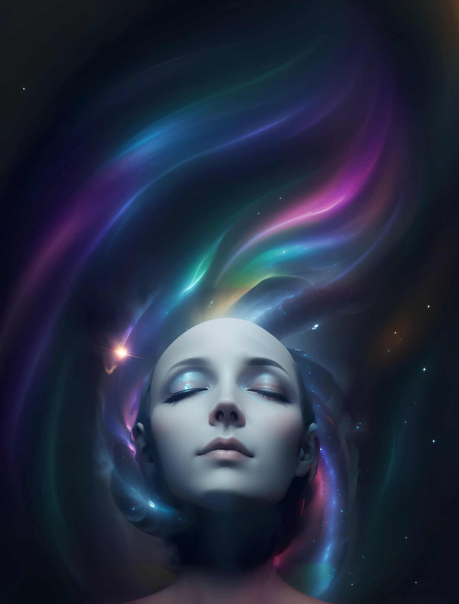 There's a woman with her eyes closed and a swirl of light coming out of her head, portrait of a cosmic entity, o redemoinho cobre toda area  do desenho como se fosse aura colorida, aura de luz colorida,  plano astral, desenho lindo....The aura is like a spiral of colorful and soft rays, translucidos