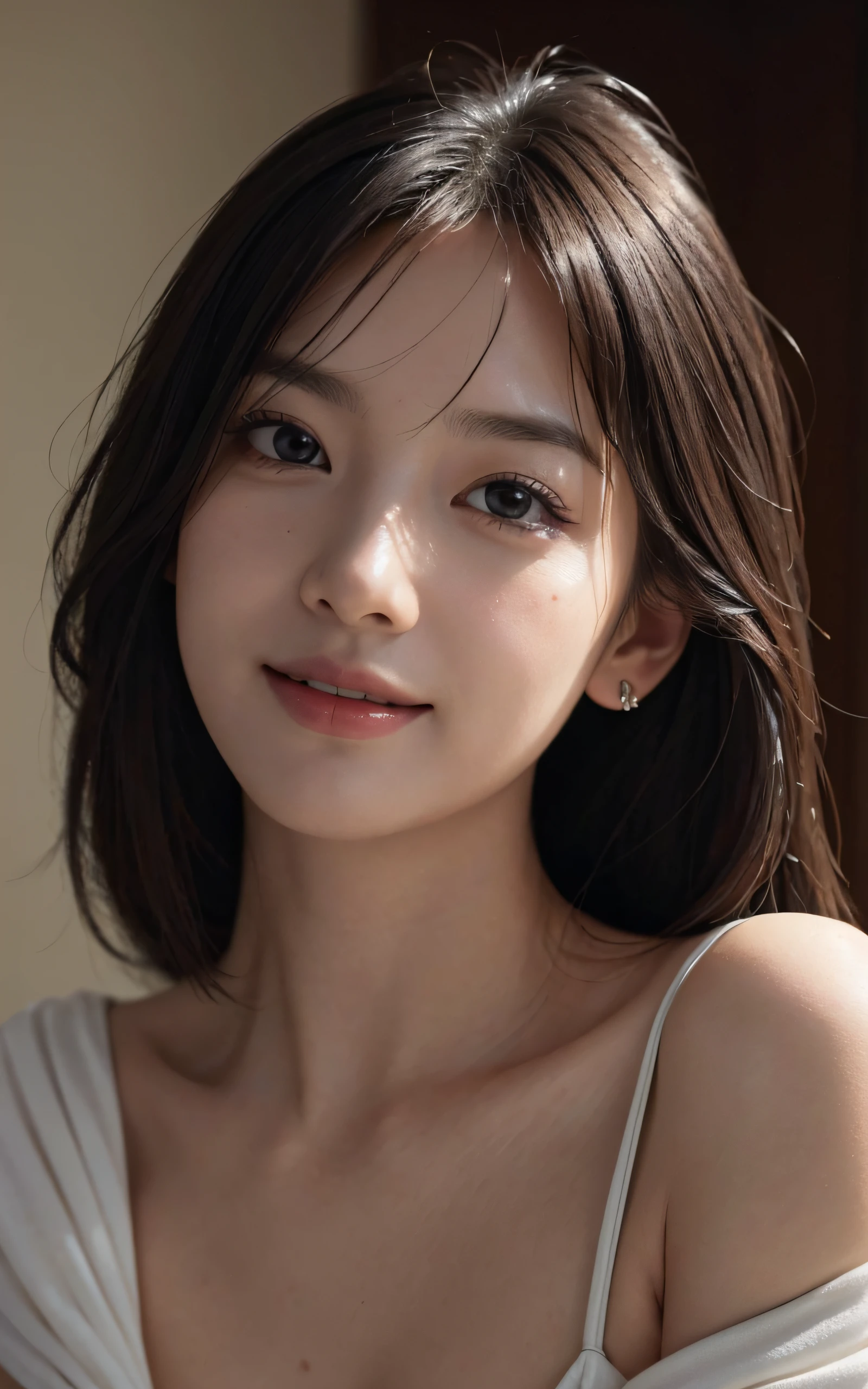 masterpiece, The highest image quality, High quality, Beautiful woman, Japanese, Detailed, Swollen eyes, Detailed eyes, Detailed skin, Beautiful skin, Ultra High Resolution, (reality: 1.4),Very beautiful, Slightly younger face, Beautiful skin, slender, (A hyper-realistic), (Illustration), (High resolution), (8K), (Very detailed) (Best Illustration), (beautifully detailed eyes), (super detailed), (Wallpaper), (Detailed face), Looking at Viewer, Fine details, Detailed face, Smiling, Looking straight ahead, Looking straight ahead, angle from waist up, photos realistic, Bright lighting, Professional Lighting, Shoulder-length straight hair swaying in the wind, Mature Woman, Bangs, indoors