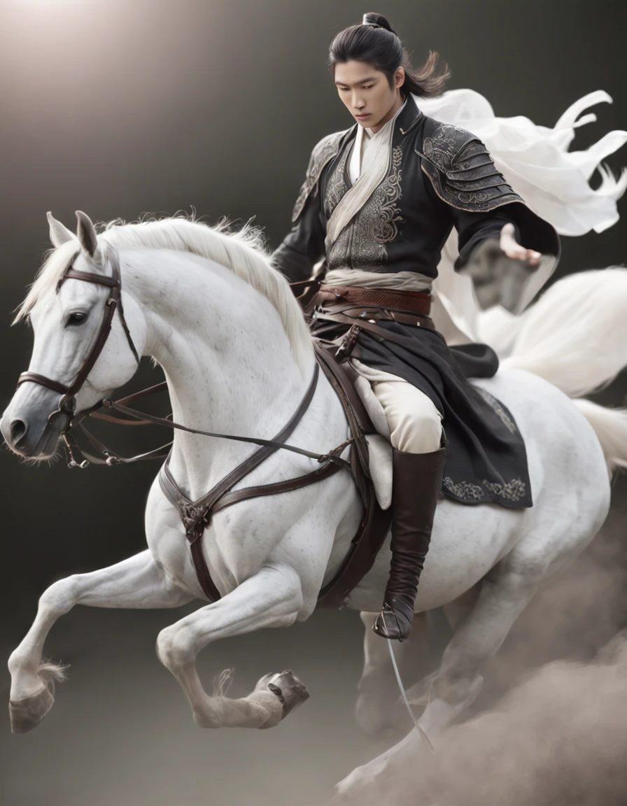 A male swordsman riding a white horse, With ink and wash style, Animation aesthetic style, Layered translucent, Black bronze, Handsome and elegant fabric - AR 3:4 --niji 5 -