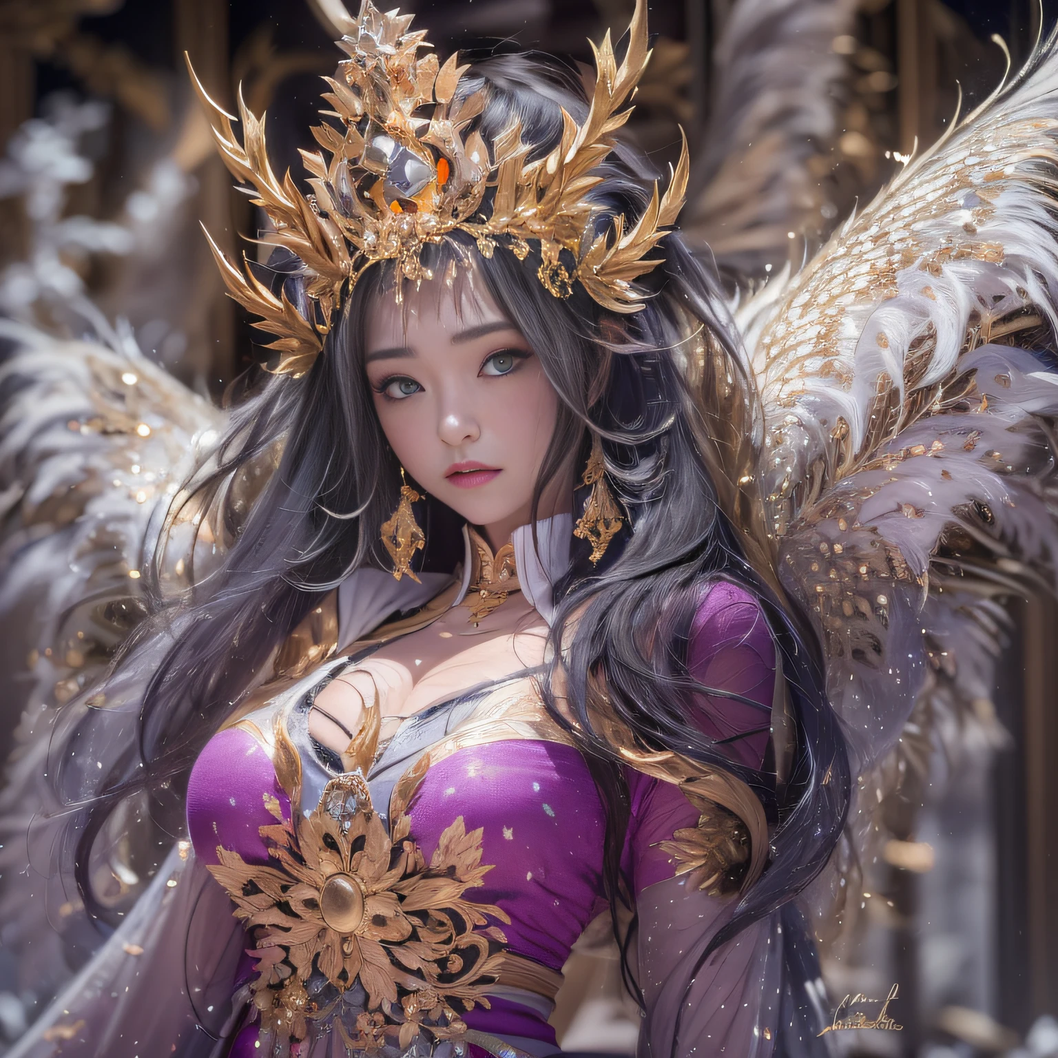 32K(tmasterpiece,k hd,hyper HD,32K)short detailed hair,Gold jewelry area in the back room,Flame Girl ,Yao Lang protector (realisticlying:1.4),Python pattern robe,Purple-pink tiara,Snowflakes fluttering,The background is pure,Hold your head high,Be proud,The nostrils look at people, A high resolution, the detail, RAW photogr, Sharp Re, Nikon D850 Film Stock Photo by Jefferies Lee 4 Kodak Portra 400 Camera F1.6 shots, Rich colors, ultra-realistic vivid textures, Dramatic lighting, Unreal Engine Art Station Trend, cinestir 800,Hold your head high,Be proud,The nostrils look at people