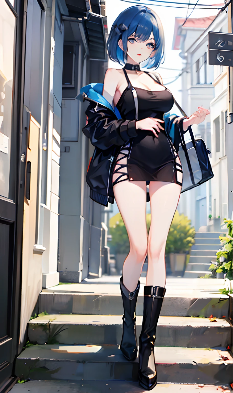 Beautiful woman in clothes、Female height 172 cm、Women in Their 20s、(masterpiece))、top-quality、high-level image quality、ultra-detailliert、ighly detailed、face perfect、((独奏))、full bodyesbian、Background 4K、Cap:full bodyesbian:an legs=1:2:4、Perfect Style、the perfect body、Beautiful body、clong legs、g-cup、large full breasts、big butts、Beautiful waist、a short bob、Light blue hair、Eyes are ice blue、A detailed eye、outside of house、stockings、long boots、cropped hoodie、Shoulder bag、takeout、Town
