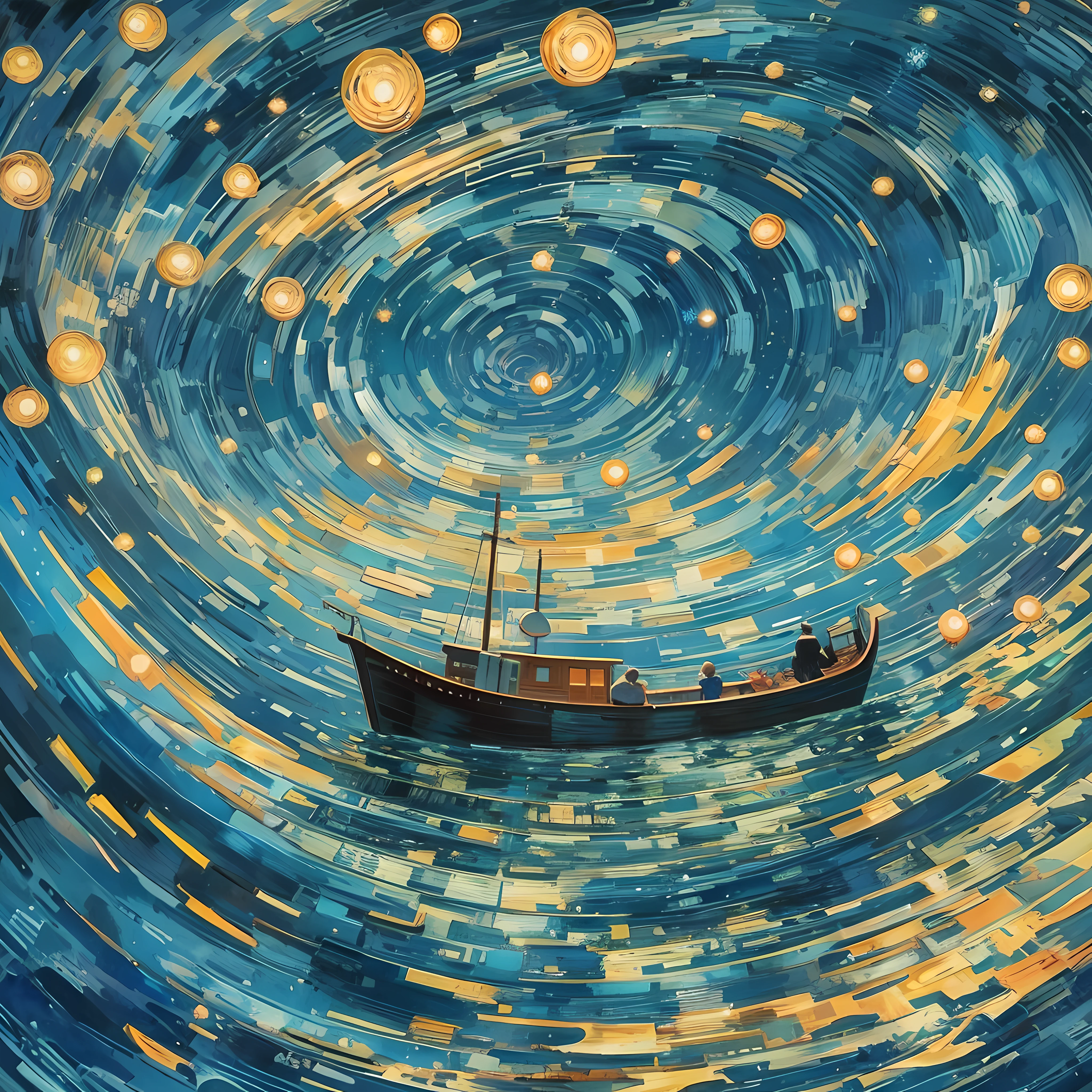 action shot, Humans swim surrounded by hordes of whales , Spiral mode, Underwater perspective, Look up at the sky under the sea, HD authentic Van Gogh sky,Capture a captivating depiction of Vincent van Gogh's iconic starry night,vibrant, Blue and yellow light up the night sky, Transports the viewer to the vision of famous artists, In the topic "In good faith: Makoto Shinkai", Miyazaki style, 32K, Surreal photography,shuixia
