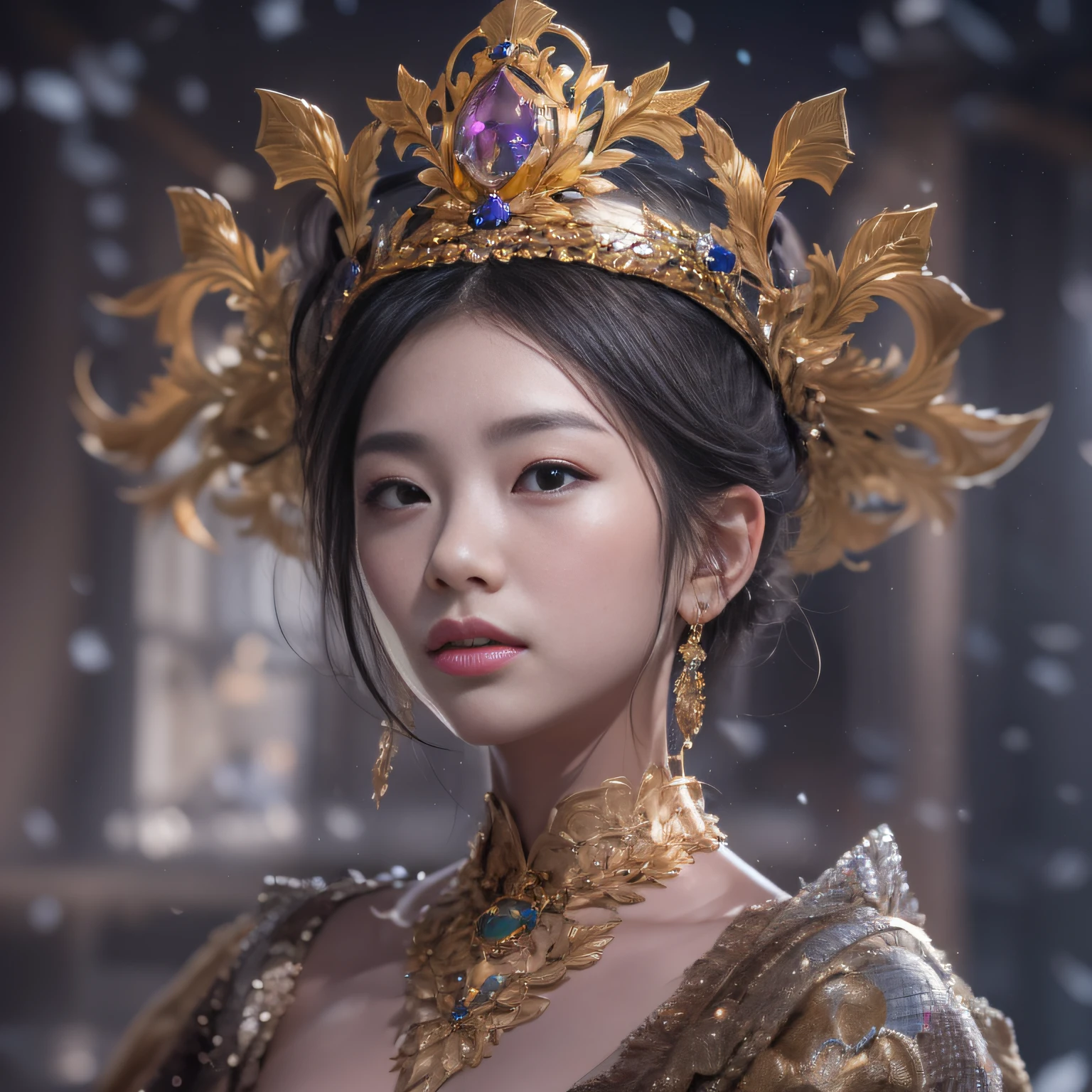 32K(tmasterpiece,k hd,hyper HD,32K)short detailed hair,Gold jewelry area in the back room,Flame Girl ,Yao Lang protector (realisticlying:1.4),Python pattern robe,Purple-pink tiara,Snowflakes fluttering,The background is pure,Hold your head high,Be proud,The nostrils look at people, A high resolution, the detail, RAW photogr, Sharp Re, Nikon D850 Film Stock Photo by Jefferies Lee 4 Kodak Portra 400 Camera F1.6 shots, Rich colors, ultra-realistic vivid textures, Dramatic lighting, Unreal Engine Art Station Trend, cinestir 800,Hold your head high,Be proud,The nostrils look at people