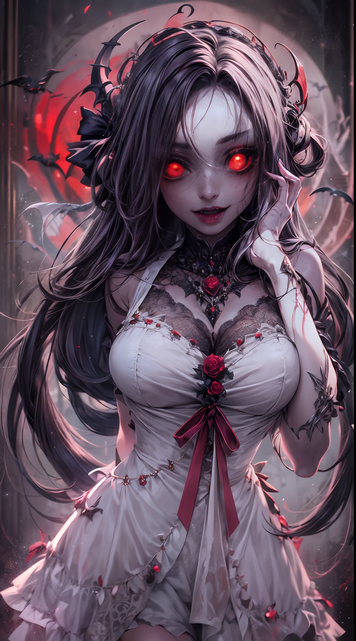 （comical，A high resolution，super-fine），（Vampires），（((Red glowing eyes))）looks into camera，evil look，Clear facial features，（Top hat），Vampire fangs exposed，Dressed in a gorgeous Gothic dress，Silvery hair，rosette，Skull decoration，the bats，The body is surrounded by a red mist，rays of moonlight，Kingly temperament，cinematic rim light，The light is delicate，tmasterpiece，ultra - detailed，Epic composition，Super HD，high qulity，HighestQuali，32k