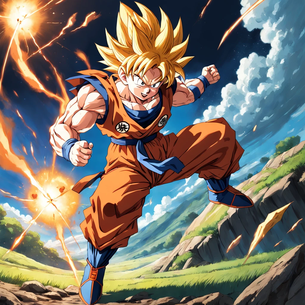 Goku em uma pose frontal, em um campo de batalha, feito por akira toriyama