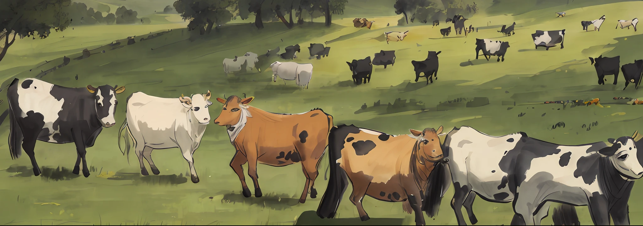 The cowpen scene has a lot of cows,ink wash style