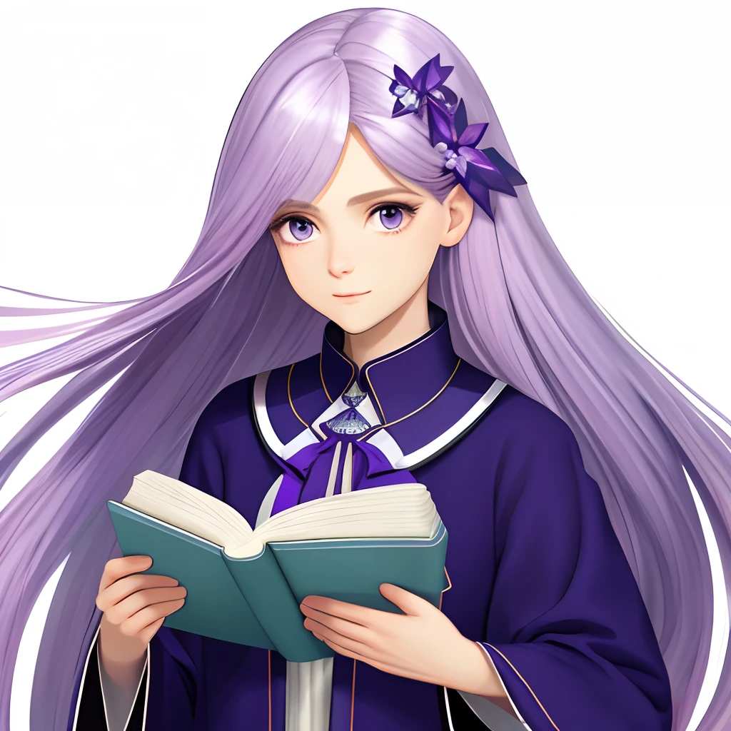 Create only 1 female character with the following characteristics::::: Cor do Cabelo: Pink Accessories with Lilac Locks: Um colar com um pingente de estrela. Cor dos olhos: um azul com roxo, and the other just Lilac Clothes; Vestido lilas e azul com detalhes em prata. E uma coroa de princesa, holding a journal in your hand
with flowing hair and a curious look, de corpo inteiro