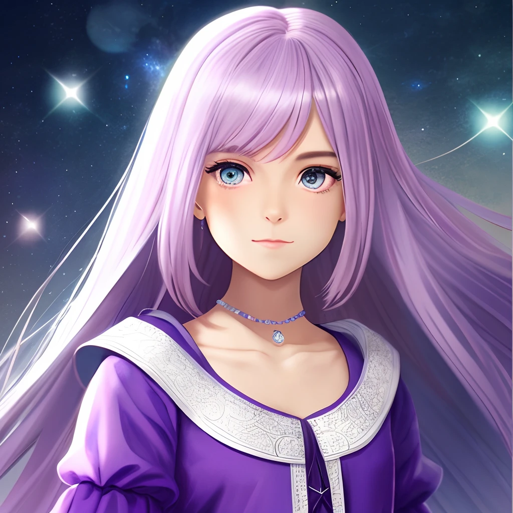 Create only 1 female character with the following characteristics::::: Cor do Cabelo: Pink Accessories with Lilac Locks: Um colar com um pingente de estrela. Cor dos olhos: um azul com roxo, and the other just Lilac Clothes; Vestido lilas e azul com detalhes em prata. E uma coroa de princesa, holding a journal in your hand
with flowing hair and a curious look, de corpo inteiro