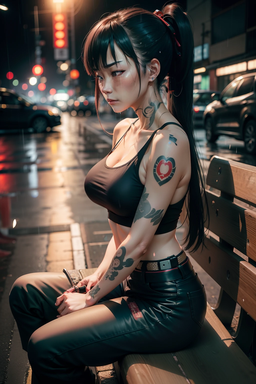 Japanese woman with yakuza tattoos and cybernetic implants wearing a tank top and military pants with a katana in a sitting on a square bench, crying with an expression of sadness as it rains on the street at night