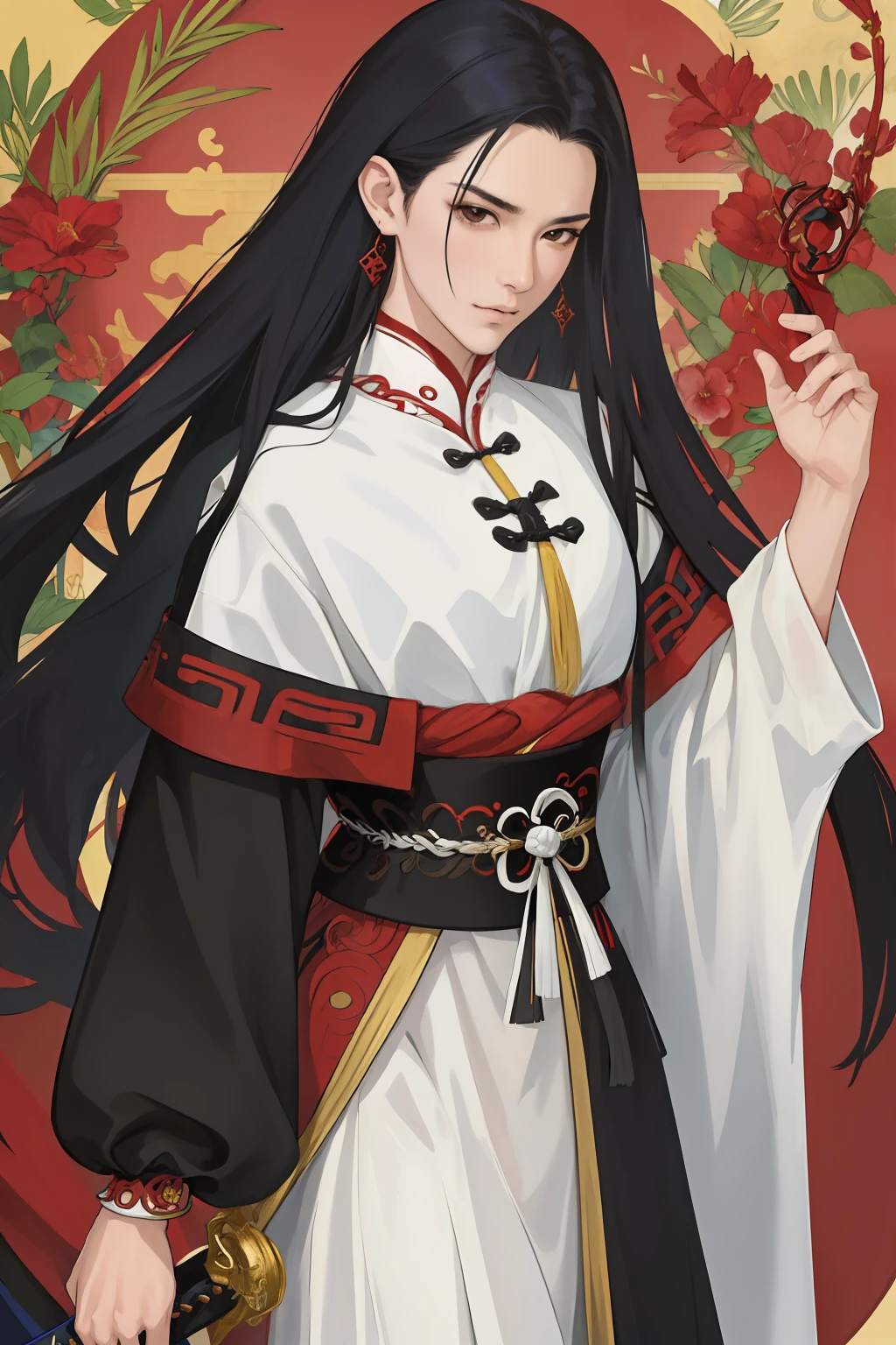 NSFW, obra-prima, melhor qualidade, ultra-detalhado, semi-realista, detailedfacialfeatures, 1woman,usando roupas velha wuxia,audaz,cabelos negros e olhos negros,voluptuosa,sensual,roupa vermelha ,holding a long sword in his left hand,olhar arrogante