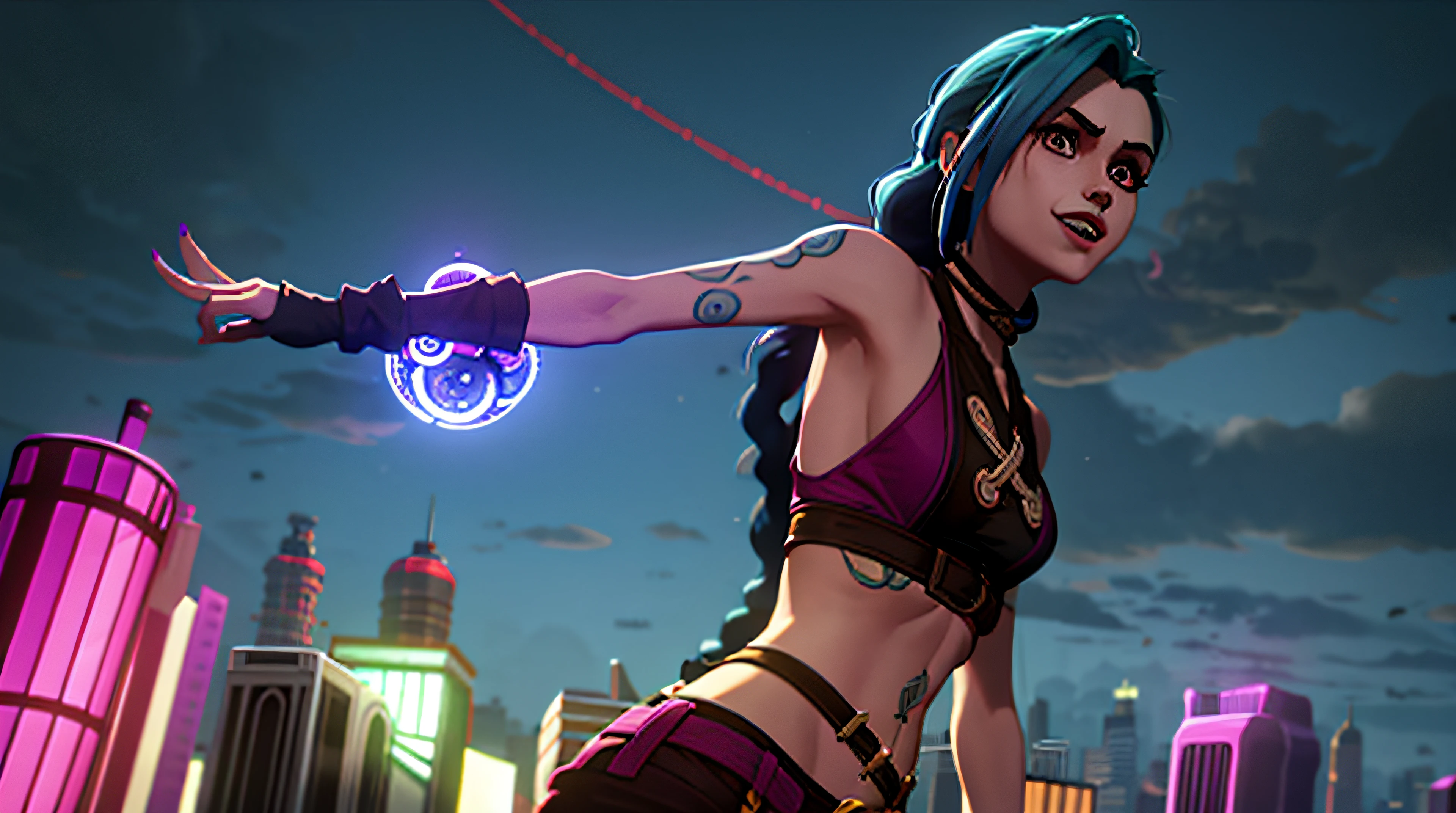 arcane style,

1girl, arm tattoo, asymmetrical bangs, bangs, blue hair, braid, brown shirt, cloud tattoo, looking at viewer, laughing, crazy, uncontrollable laugh, mad look, night, city, green hair, long hair, midriff, pink eyes, red lips, shirt, solo, standing, tattoo, twin braids, upper body, arcane jinx, jinx \(league of legends\)