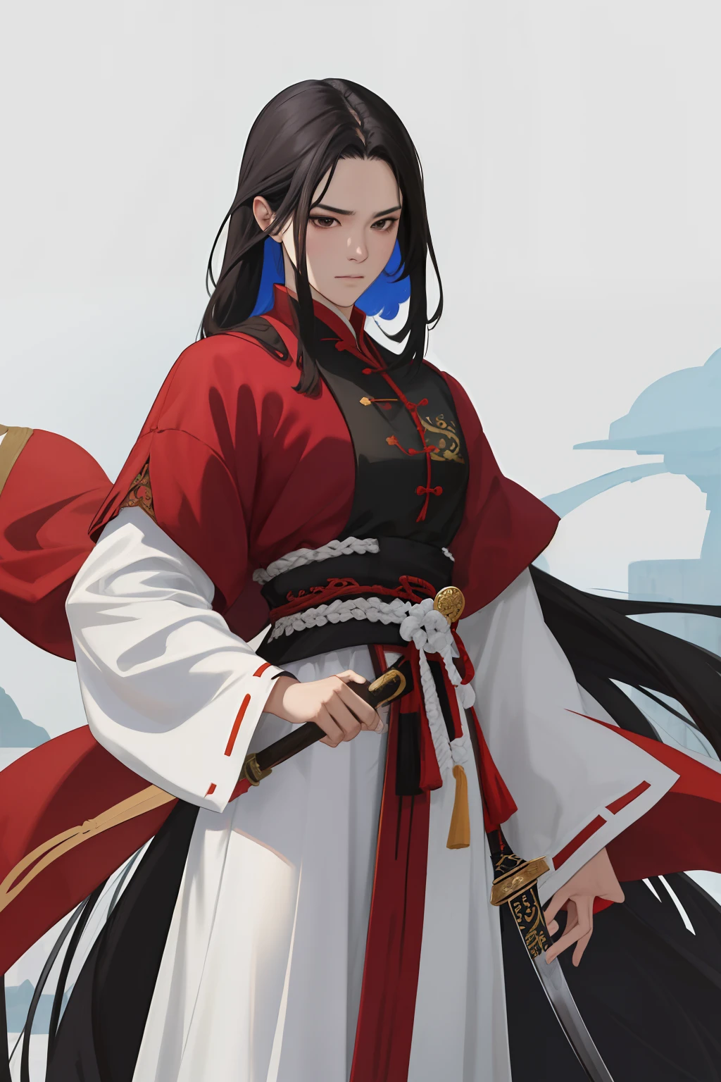 NSFW, obra-prima, melhor qualidade, ultra-detalhado, semi-realista, detailedfacialfeatures, 1woman,usando roupas velha wuxia,audaz,cabelos negros e olhos negros,voluptuosa,sensual,roupa vermelha ,holding a long sword in his left hand,olhar arrogante