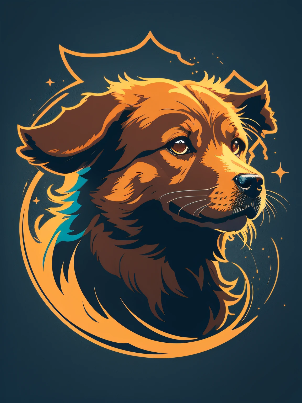 [brown dog] Heraldic silhouette, logo masking style illustration, by dan mumford, by greg rutkowski, by james jean, black background, fantasy art, mysterious, realistic, majestic, rich vibrant colors, high contrast, seamless water brand, artstation, deviantart, dribble, redbubble, teepublic, sharp focus, simple, hyper detailed, detailed drawing, vectorize, outline, isometric style, 8k."