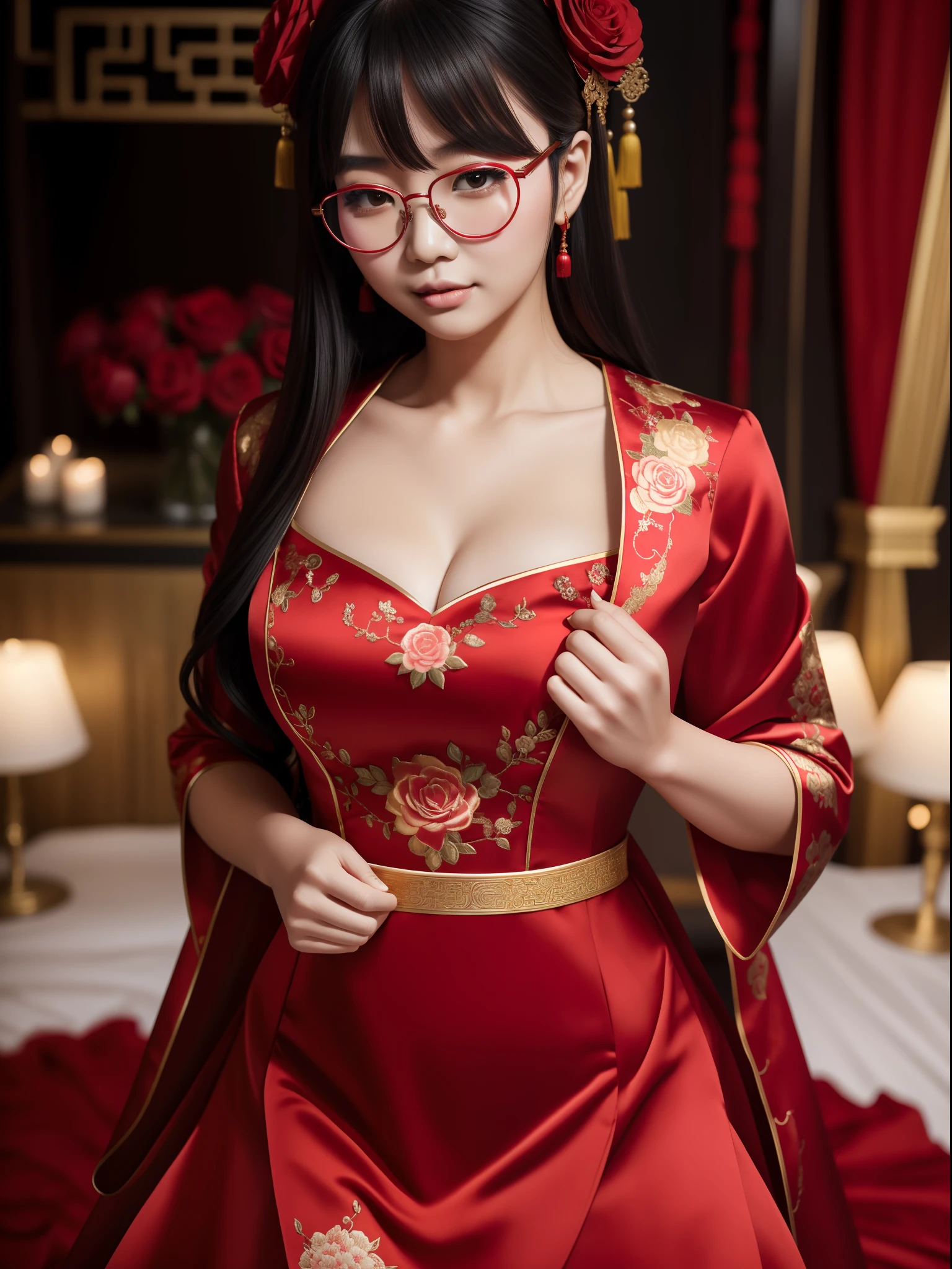 (the detail)(4K)(1 girl)A plump chest,Wearing a red Chinese wedding dress,Red roses in your hands,Black color hair,Black eyes,Wearing gold wire glasses,Wait for the groom