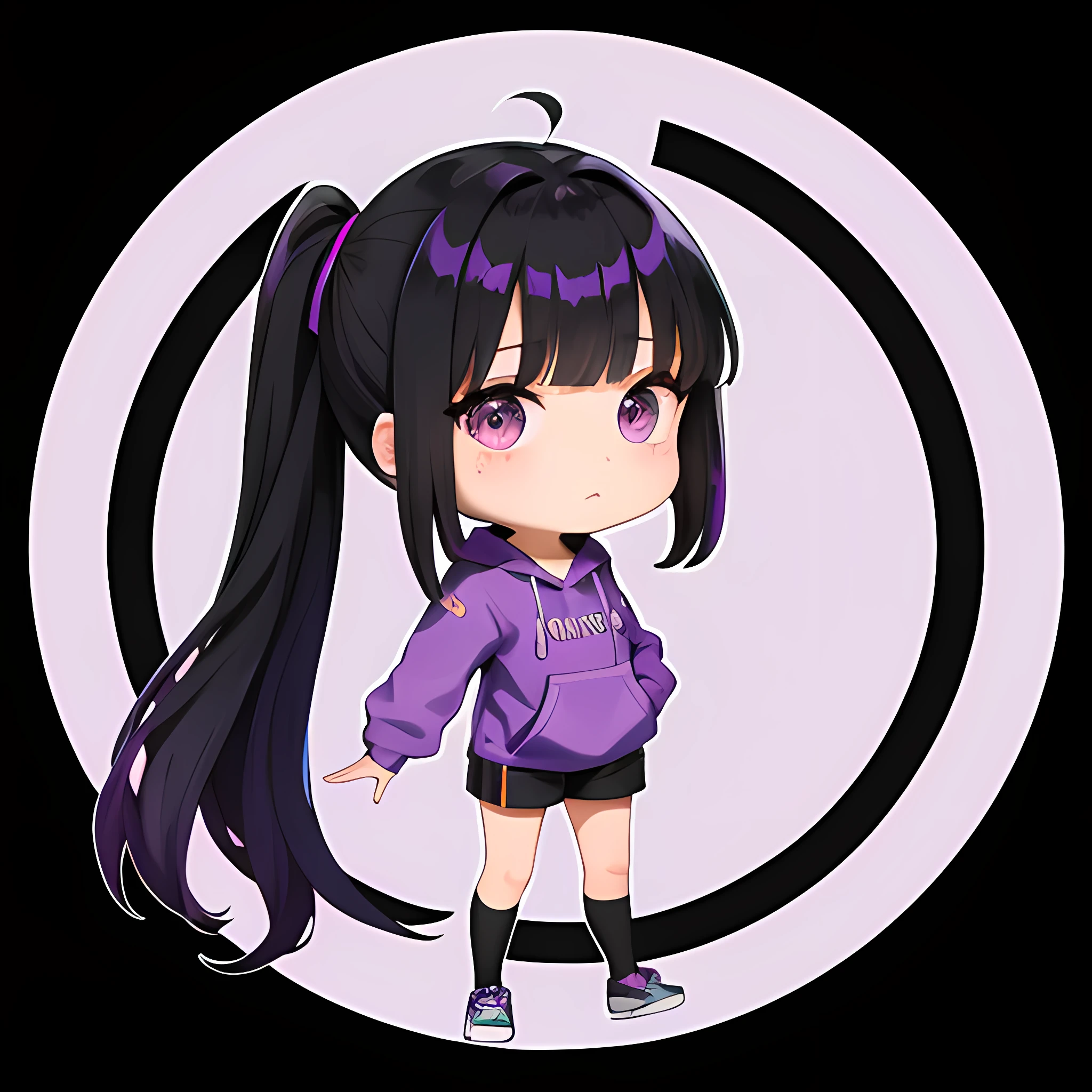 Purple Hoodie、Blunt bangs、poneyTail、Purple Hoodie、A dark-haired、Purple Parker、Lori、One Woman, 独奏, (twitch emote:1), Chibi, Black eyes, , comic strip, white backgrounid, a sticker, Thick black outline,、poneyTail、Long Black Hair、Smooth Straight、Shoulder-length clothing、Miss Suka、elementary student、full body Esbian、Black eye、Gal clothes、Black shorts、shoulder length hair、Mini、Chibi Chara、Purple Socks、Chibi Chara
