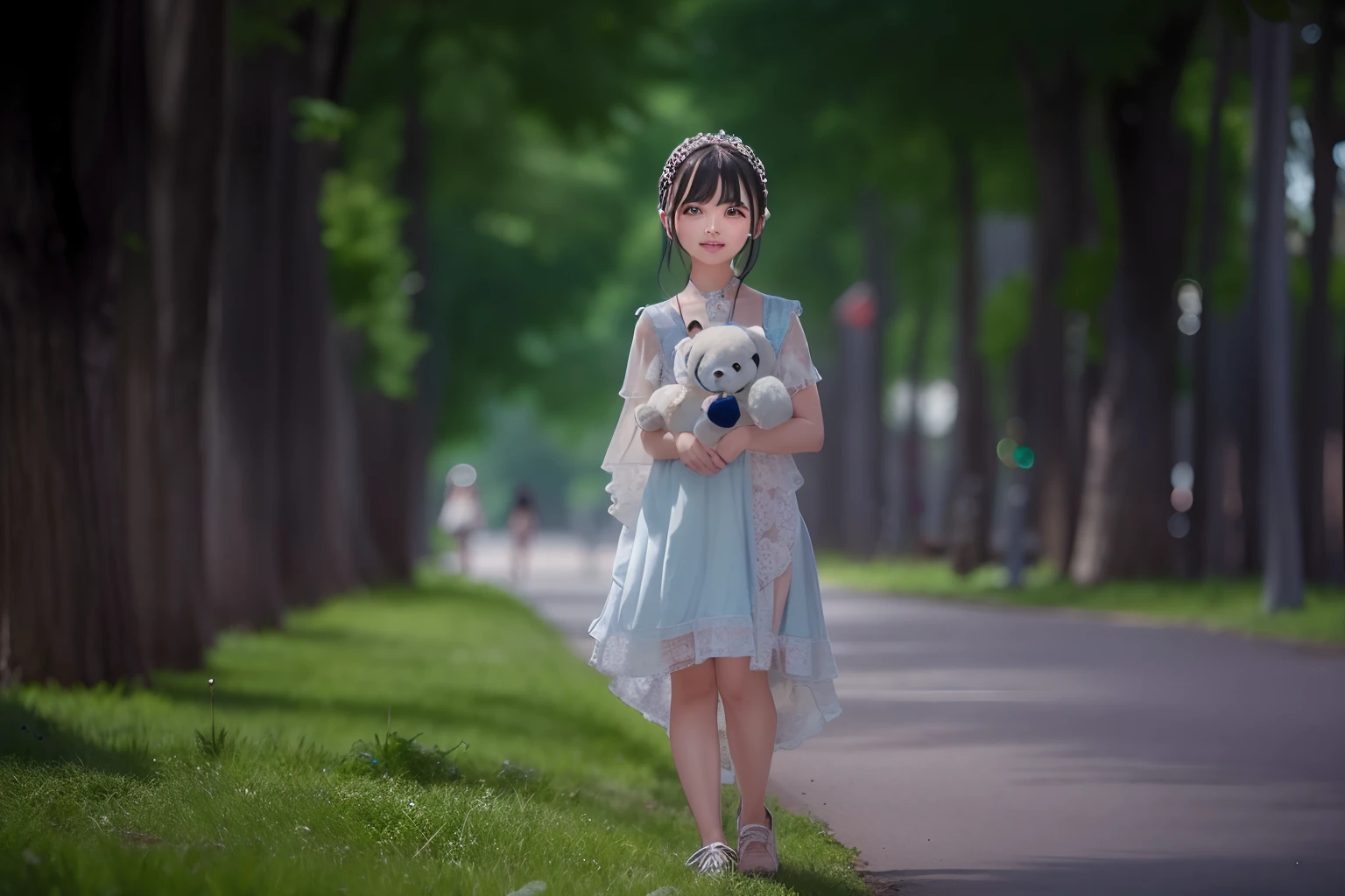 There was a little girl in a dress holding a teddy bear, Young Asian girl, girl in a dress, Elegant girl, Cute young girl, Girl, girl walking in forest, Chinese girl, In Park, 7 0 mm portrait, young girl, young and cute girl, Girl standing, Little girl with blue hair, of an beautiful angel girl, Cute little girl