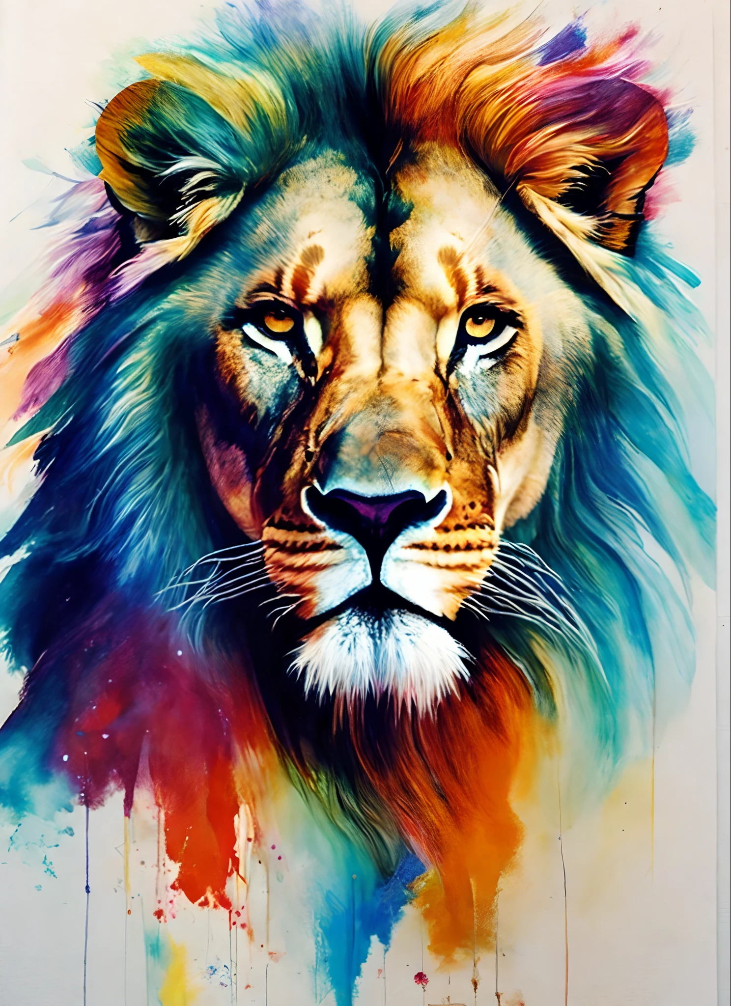 A Lion by Agnes Cecile, com jubas grandes, olhar intenso, design luminoso, pastels colors, pingos de tinta, luzes de outono