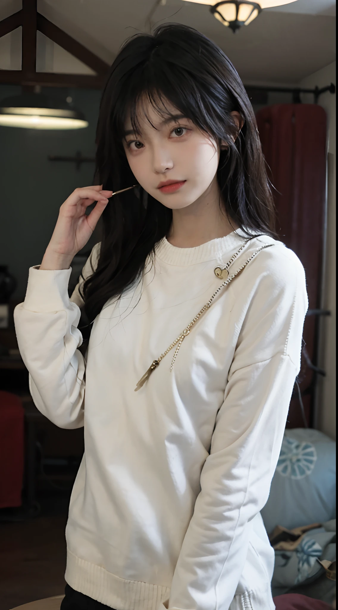 best qualtiy, 超高分辨率, (realisticlying:1.4),cute hairpin,1girll,Cropped red sweater ,Full of atmosphere,Beautiful woman with a slim figure:1.4, Abs:1.1, 浴室,Ultra-fine face,Elaborate Eyes,二重まぶた,head straight-looking at viewer,