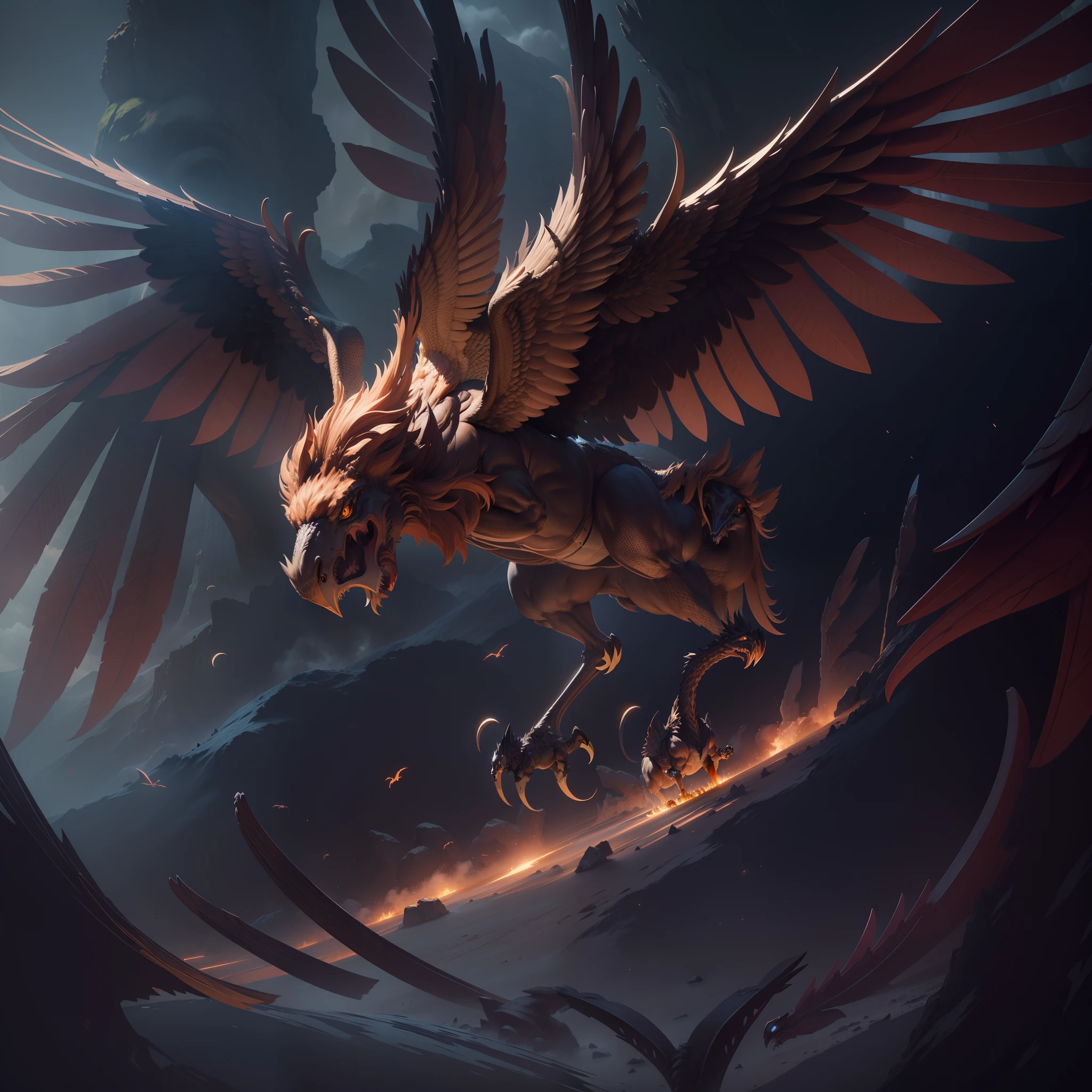Griffin quadruped beast with great, Asas douradas, ray tracing, panorama, moderno, Super Detalhe, 4k