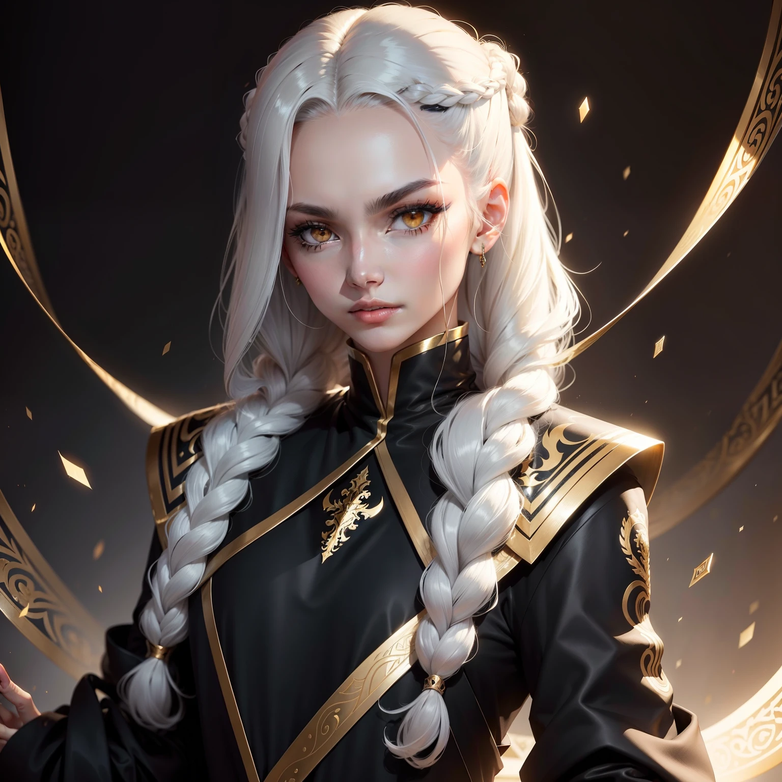 Need,tmasterpiece,Black long straight,Golden eyes,Manteau blanc,Overlooking,The upper part of the body,Hairline,Fair skin,SideBraid
