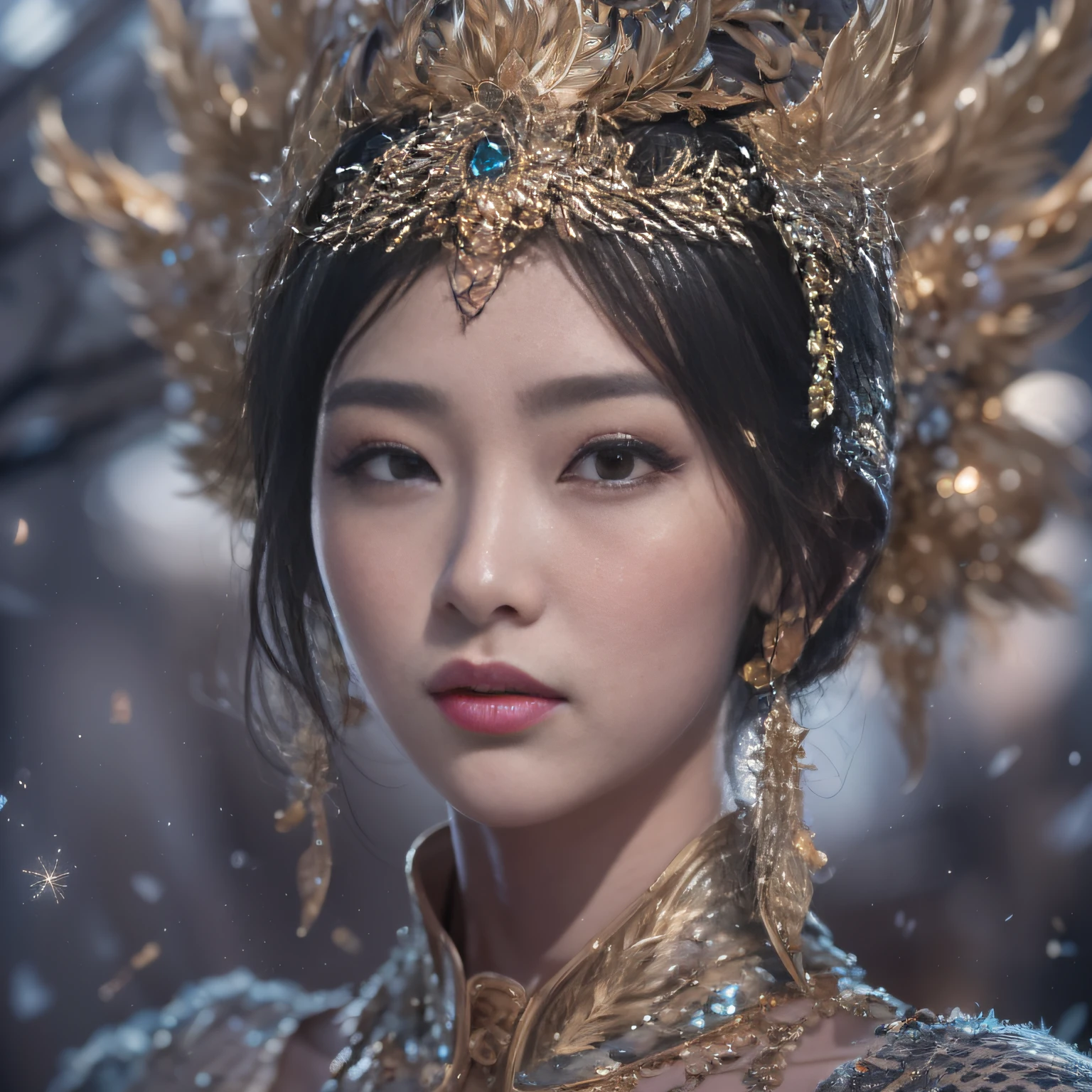 32K(tmasterpiece,k hd,hyper HD,32K)short detailed hair,Gold jewelry area in the back room,Flame Girl ,Yao Lang protector (realisticlying:1.4),Python pattern robe,Purple-pink tiara,Snowflakes fluttering,The background is pure,Hold your head high,Be proud,The nostrils look at people, A high resolution, the detail, RAW photogr, Sharp Re, Nikon D850 Film Stock Photo by Jefferies Lee 4 Kodak Portra 400 Camera F1.6 shots, Rich colors, ultra-realistic vivid textures, Dramatic lighting, Unreal Engine Art Station Trend, cinestir 800,Hold your head high,Be proud,The nostrils look at people