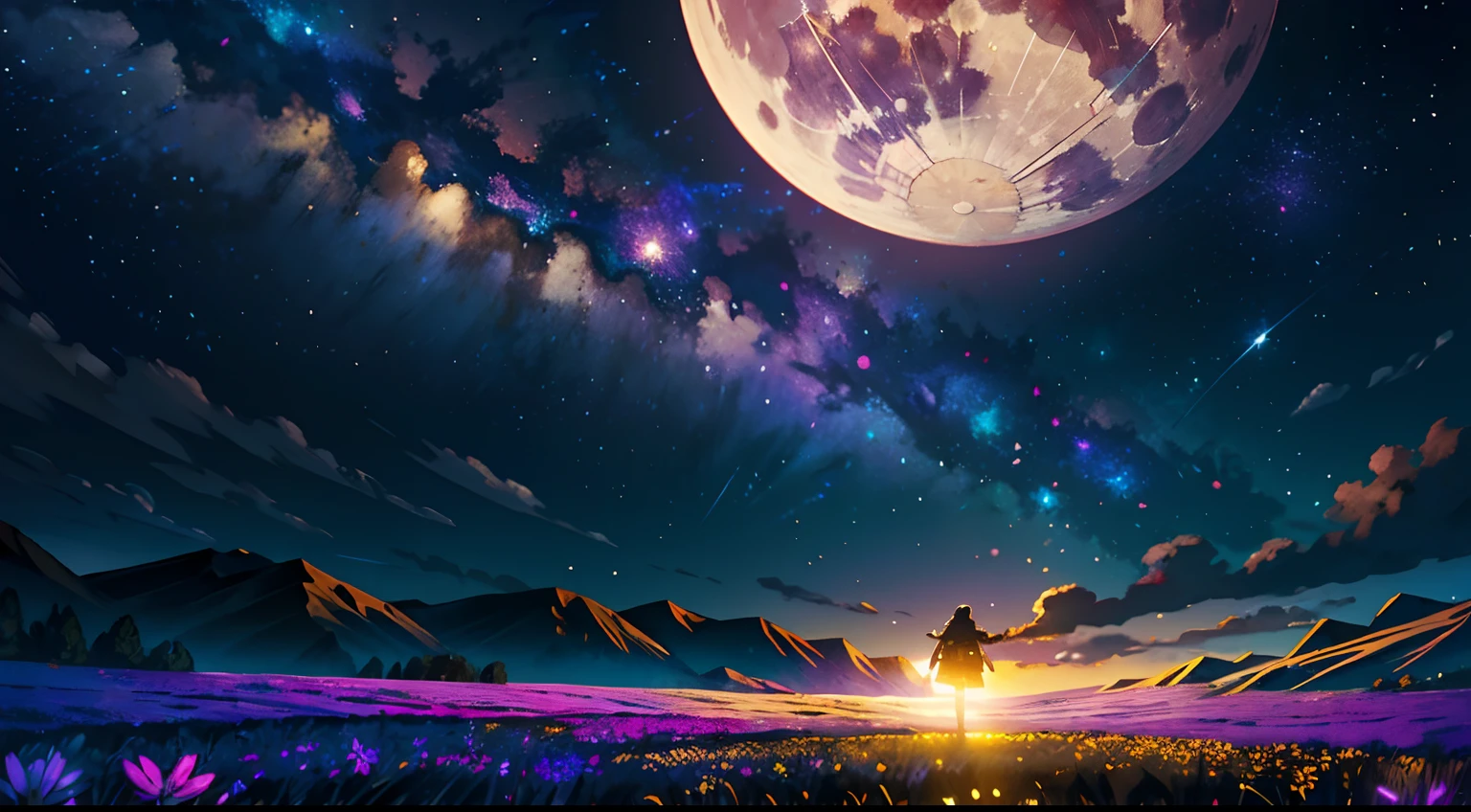 A wide landscape photo, (viewed from below, the sky is above, and the open field is below), a girl standing on a flower field looking up, (full moon: 1.2), (meteor: 0.9), (nebula: 1.3), distant mountains , Trees BREAK Crafting Art, (Warm Light: 1.2), (Firefly: 1.2), Lights, Lots of Purple and Orange, Intricate Details, Volumetric Lighting BREAK (Masterpiece: 1.2), (Best Quality), 4k, Ultra Detailed, (Dynamic Composition: 1.4), Rich in Detail and Color, (Rainbow Color: 1.2), (Glow, Atmospheric Lighting), Dreamy, Magical, (Solo: 1.2)