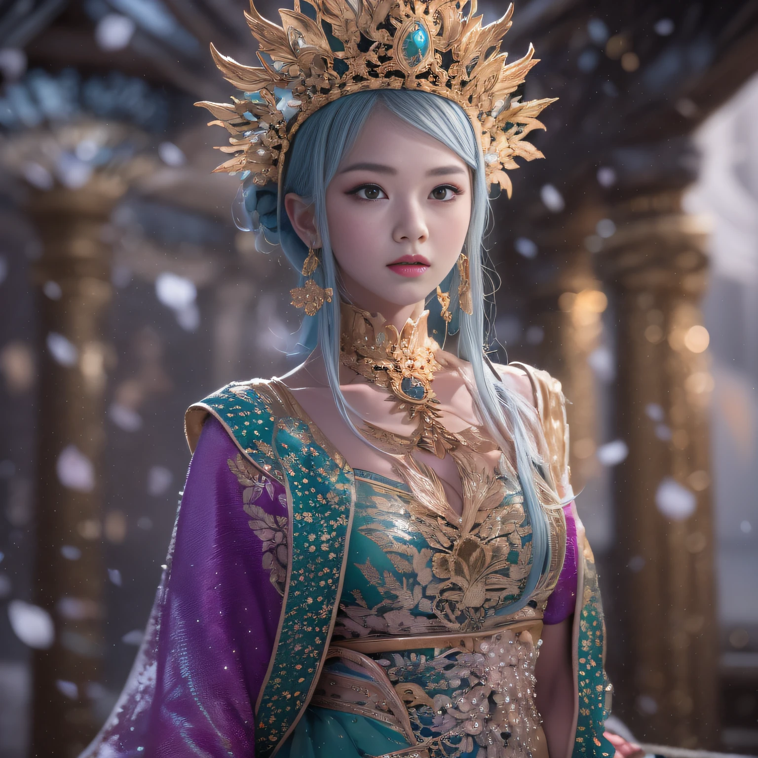 32K(tmasterpiece,k hd,hyper HD,32K)short detailed hair,Gold jewelry area in the back room,Flame Girl ,Yao Lang protector (realisticlying:1.4),Python pattern robe,Purple-pink tiara,Snowflakes fluttering,The background is pure,Hold your head high,Be proud,The nostrils look at people, A high resolution, the detail, RAW photogr, Sharp Re, Nikon D850 Film Stock Photo by Jefferies Lee 4 Kodak Portra 400 Camera F1.6 shots, Rich colors, ultra-realistic vivid textures, Dramatic lighting, Unreal Engine Art Station Trend, cinestir 800,Hold your head high,Be proud,The nostrils look at people