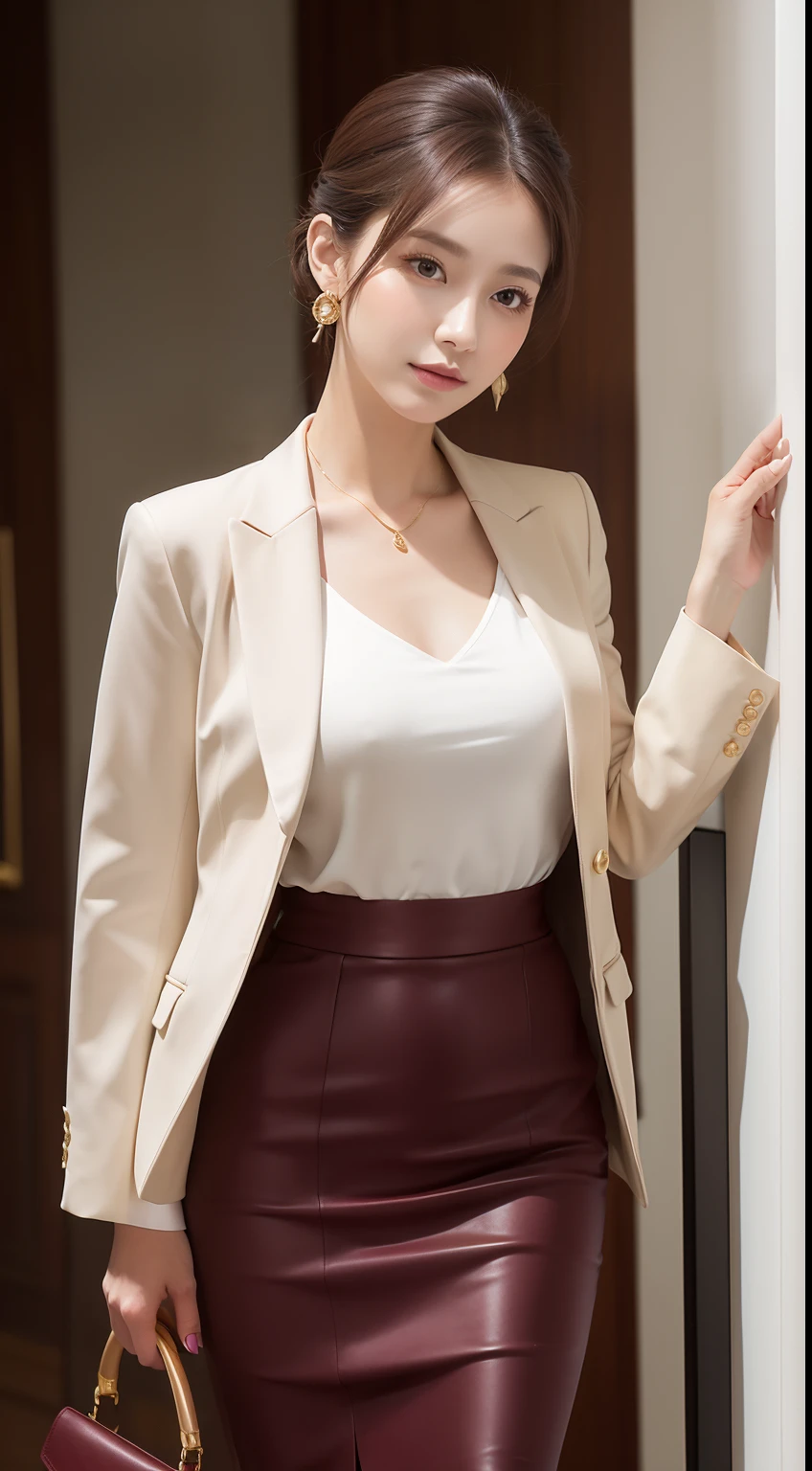 Elegant business style portrait for spring summer。The model has sophisticated chignon hair.、rich maroon color。She wore a tailored white blazer、Silk champagne colored blouse、Wearing a cream pencil skirt。Accessories include gold brooches and leather handbags。