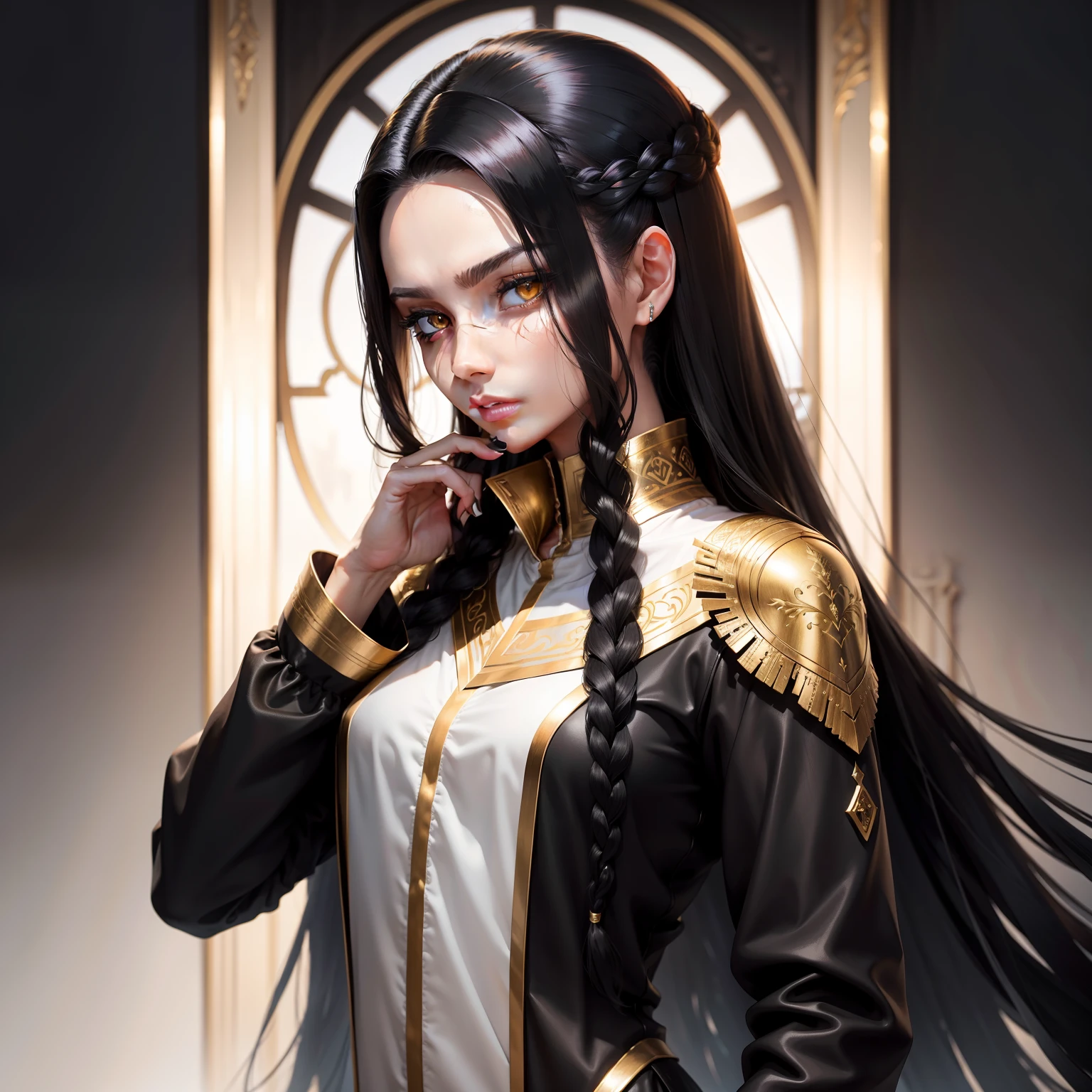 Need,tmasterpiece,Black long straight,Golden eyes,Manteau blanc,Overlooking,The upper part of the body,Hairline,Fair skin,SideBraid