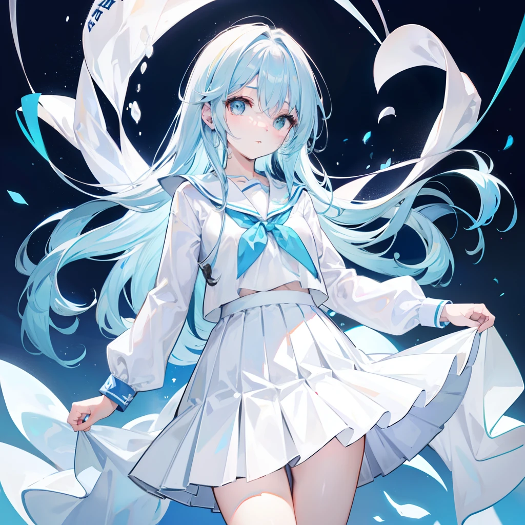Long transparent light sky blue hair,Wear soft ones, Loose and creamy blue、JK school uniform,White pleated skirt,The waist is slender,The chest is relatively small,There is a little milk murderer,This cute cute girl
