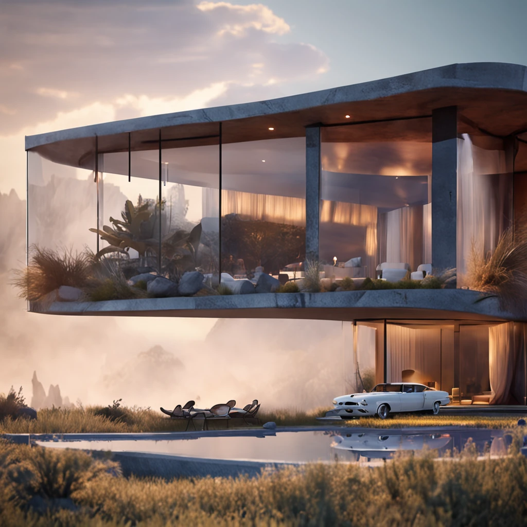 uma casa futuristica realista com designe impecavel, no alto de uma montanha, cena de filme, alta qualidade, obra prima