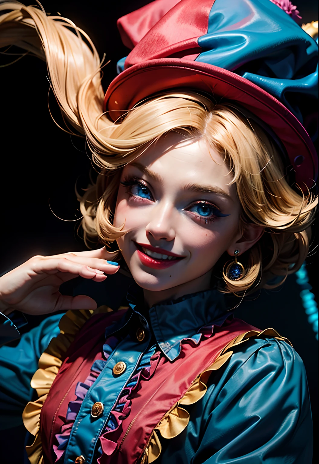 Top quality,movie atmosphere,cinematic details。extremely colorful,circus,Blue light and shadow,A very beautiful blonde woman,Wearing a clown hat,eBlue eyes,There is a blue-pink iris on the eyes,A confident smile。 Dressed in a black and red clown costume,Various expressions