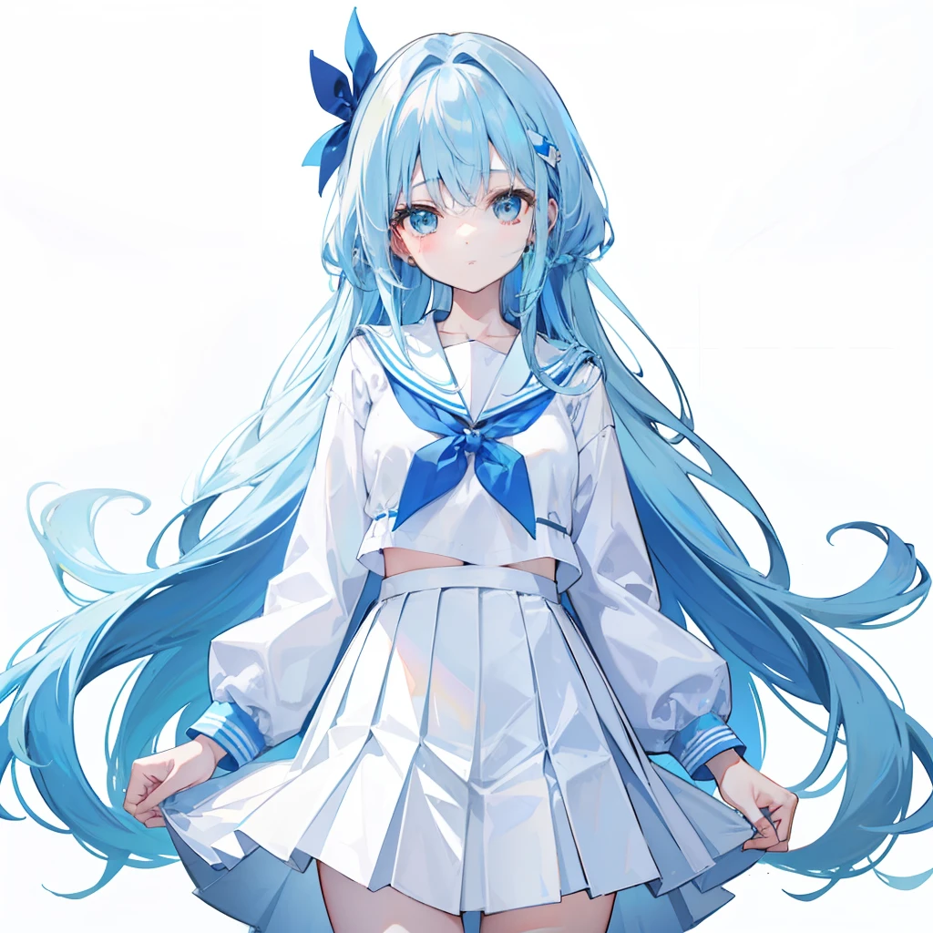 Long transparent light sky blue hair,Wear soft ones, Loose and creamy blue、JK school uniform,White pleated skirt,The waist is slender,The chest is relatively small,There is a little milk murderer,This cute cute girl