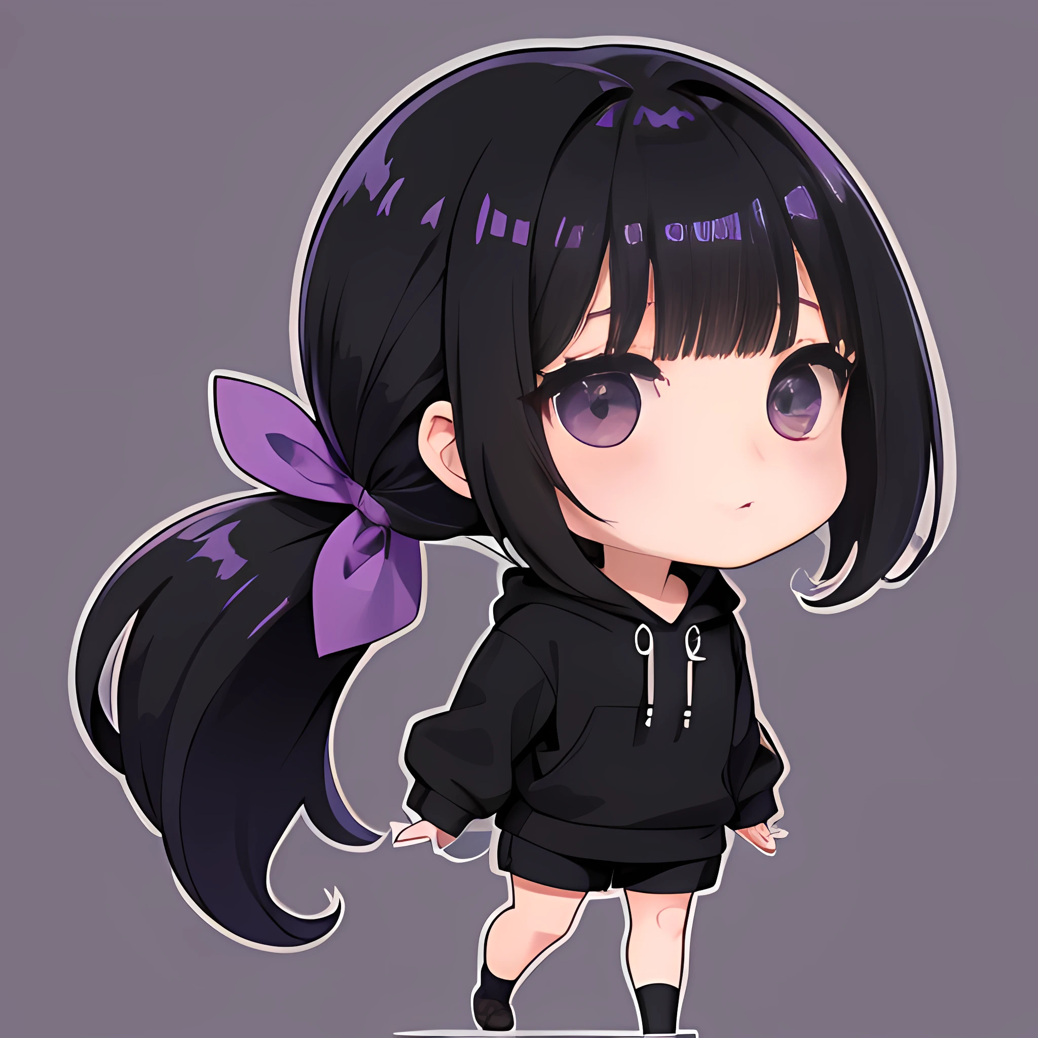 One knot、Purple Hoodie、poneyTail、blunt bangs、、poneyTail、Purple Hoodie、A dark-haired、Purple Parker、Lori、One Woman, 独奏, (twitch emote:1), Chibi, Black eyes, , comic strip, white backgrounid, a sticker, Thick black outline,、poneyTail、Long Black Hair、Smooth Straight、Shoulder-length clothing、Miss Suka、、full body Esbian、Black eye、Gal clothes、Black shorts、shoulder length hair、Mini、Chibi Chara、Purple Socks、Chibi Chara