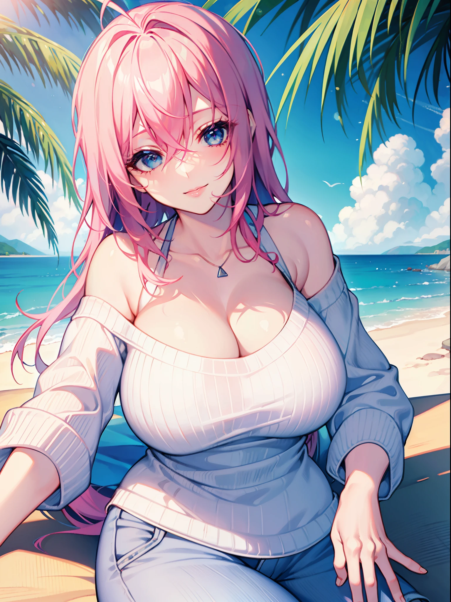 mature female, blue eyes, pink hair, lips, looking at the viewer, raw photo, beach, palm tree, ocean, kind face, lips, big breasts, thicc, white sweater, jeans pants, cloudy sky, cute smile