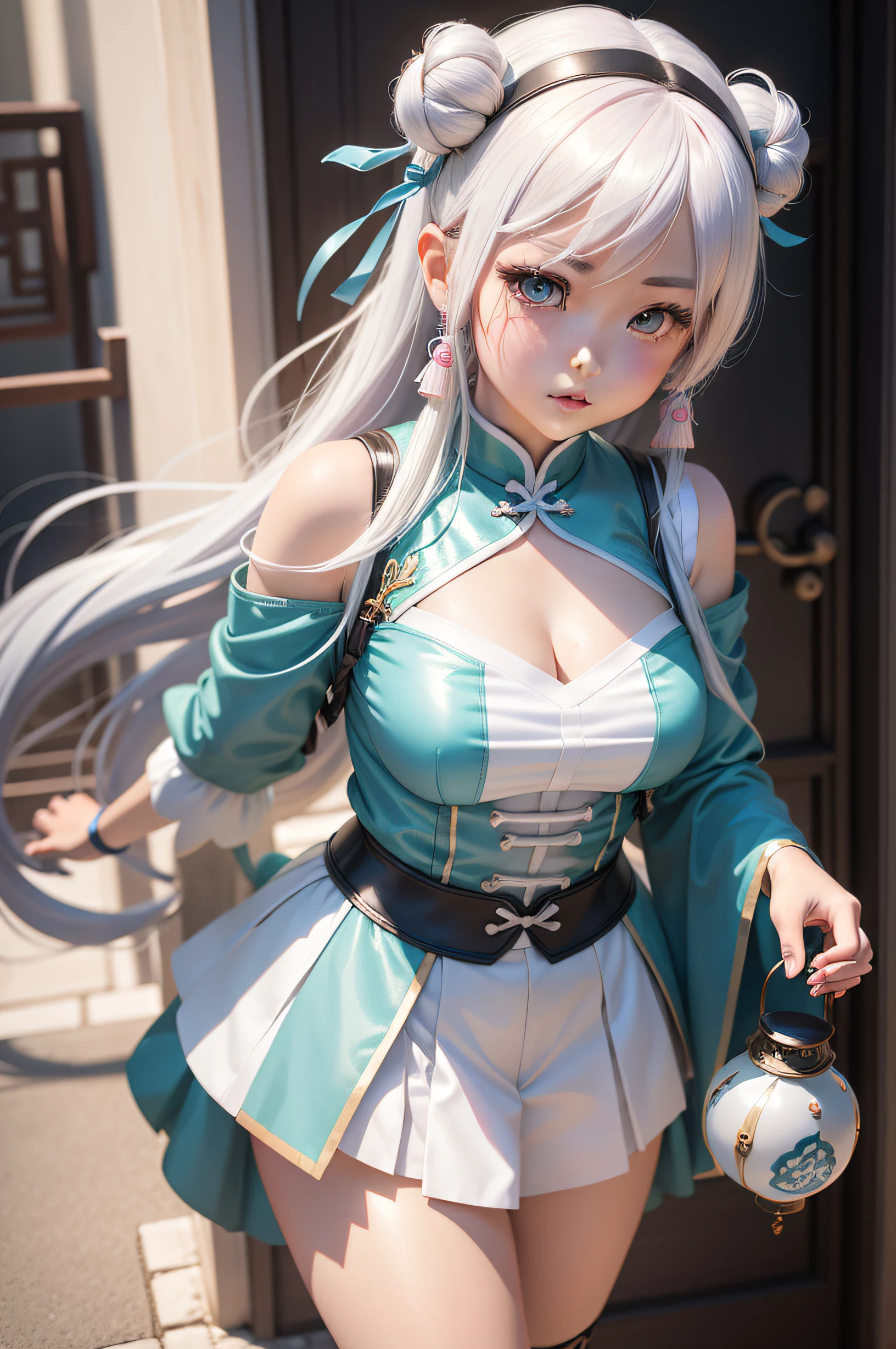 A Chinese anime girl with white hair and blue and white tulle clothes carrying a jade rabbit-shaped lantern made of laurel branches, Pink eyes, Anime style mixed with Fujifilm, Anime girl in real life, Anime girl cosplay, hyper realistic anime, Photorealistic anime, up of young anime girl, Chinese style close-up of a young anime girl,China-style, realistic anime 3D style, Realistic young anime girl, Kawaii Reality Shaw
