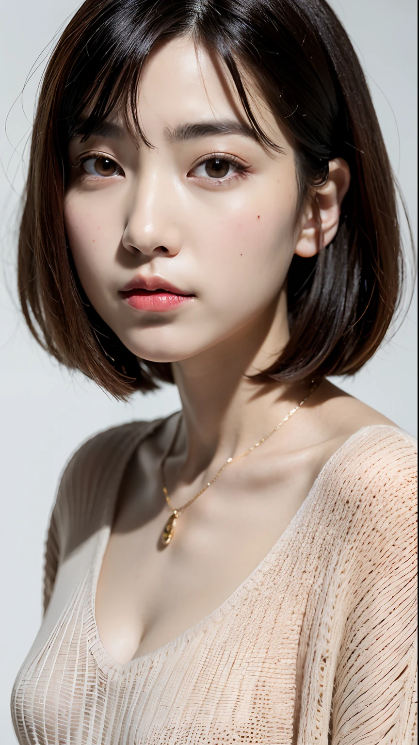 (Best quality, 8k, 32k, Masterpiece, UHD:1.2),Photo of Pretty Japanese woman, large breasts, very short bob hair,upper body,face focus,oversized_sweater, necklace, simple background, from above, looking at viewer,